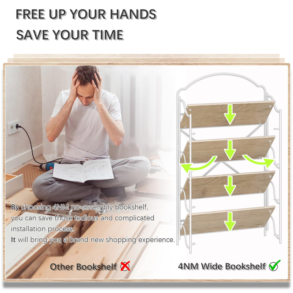 4NM No Assembly Folding Bookshelf, 3 Tiers Collapsible Book Shelves Open Industrial Foldable Storage Bookcase Shelf for Bedroom, Living Room, Home Office - Natural and White