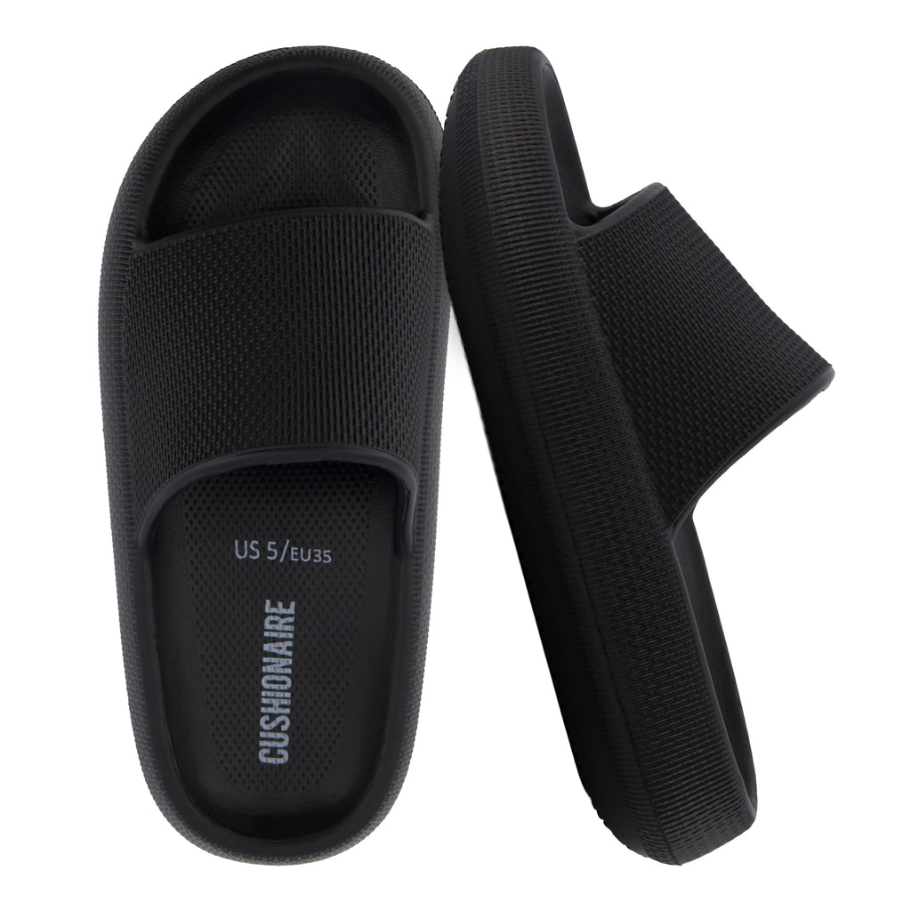 CUSHIONAIRE Feather EVA Slides for Women – Comfortable Slip On Womens Slippers, Indoor Outdoor Shower Shoes, Beach Essential Cloud Slides