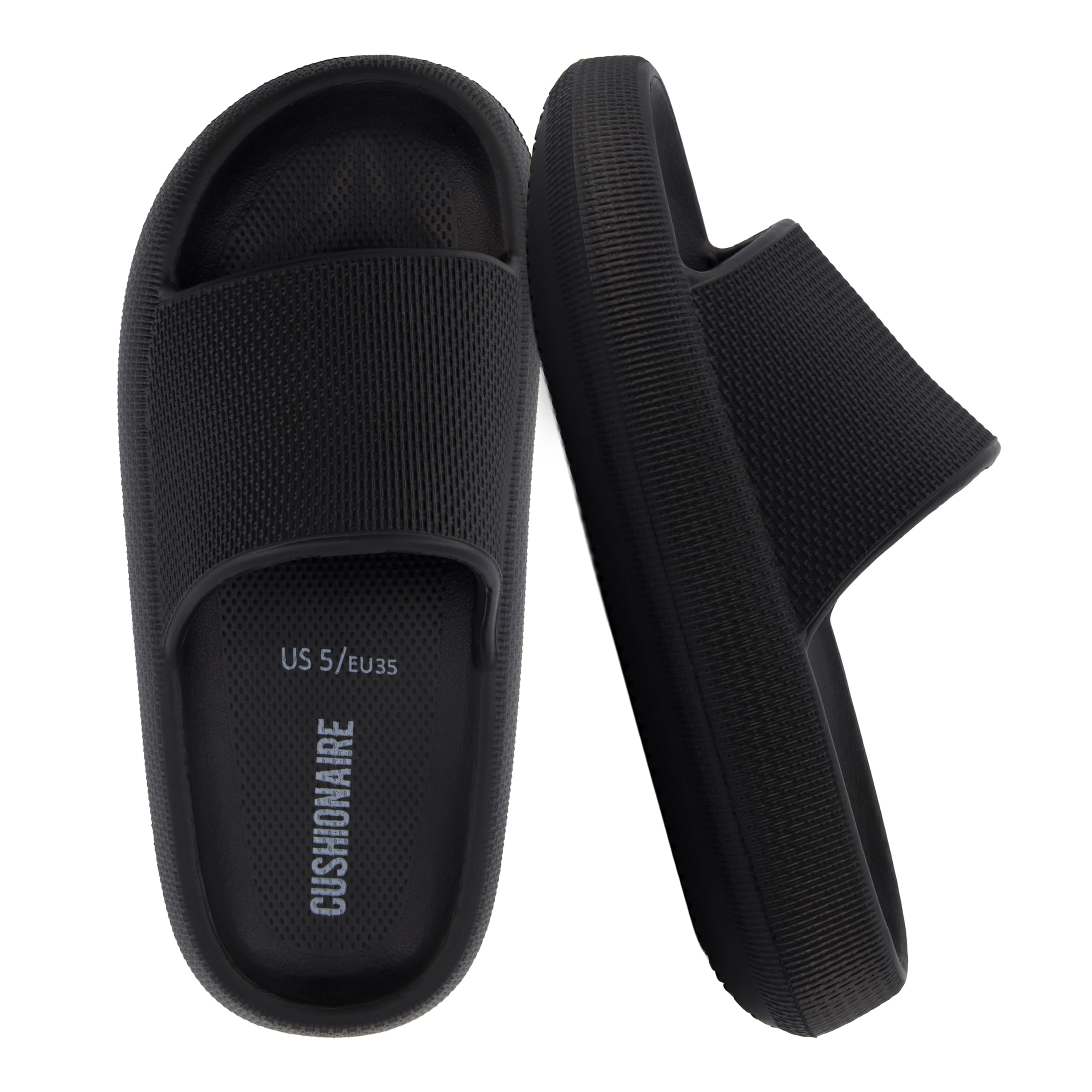 CUSHIONAIRE Feather EVA Slides for Women – Comfortable Slip On Womens Slippers, Indoor Outdoor Shower Shoes, Beach Essential Cloud Slides