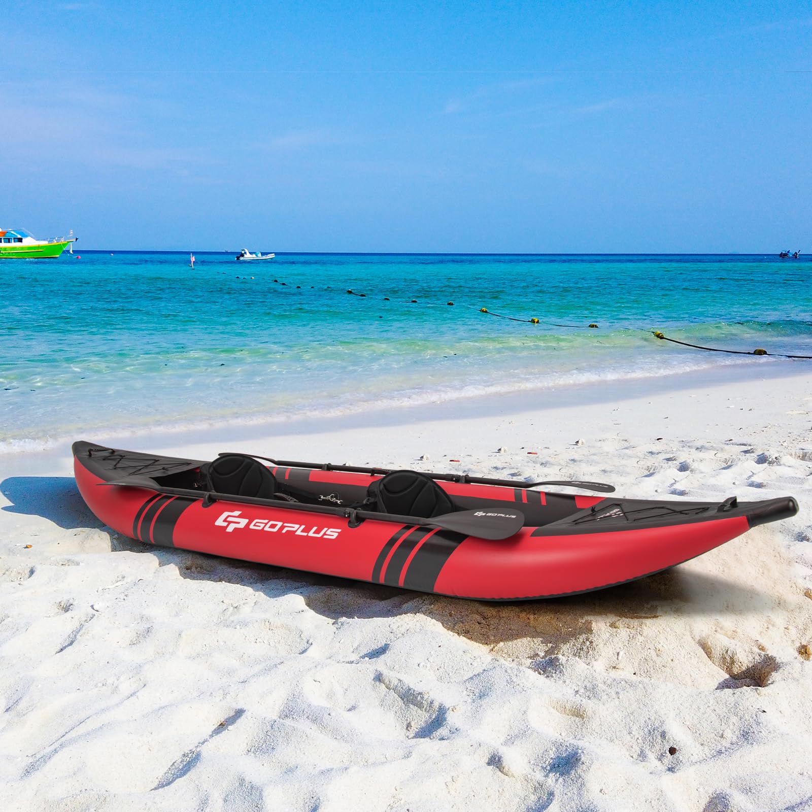 Goplus Tandem Inflatable Kayak, 12.5FT 2-Person Kayak for Adults w/507 LBS Weight Capacity, 2 Aluminium Oars, Padded Seat, 2 Fins, Hand Pump, Carry Bag, Repair Kit, Portable Touring Kayaks