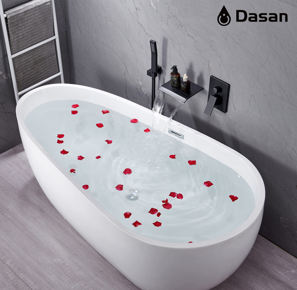 Upgraded Wall Mount Tub Filler Faucet with Handheld Shower, DASAN Modern Wall Mounted Bathtub Faucet Brushed Gold High Flow Waterfall Tub Faucet with Rough in Valve, SA-TF04WH-BG