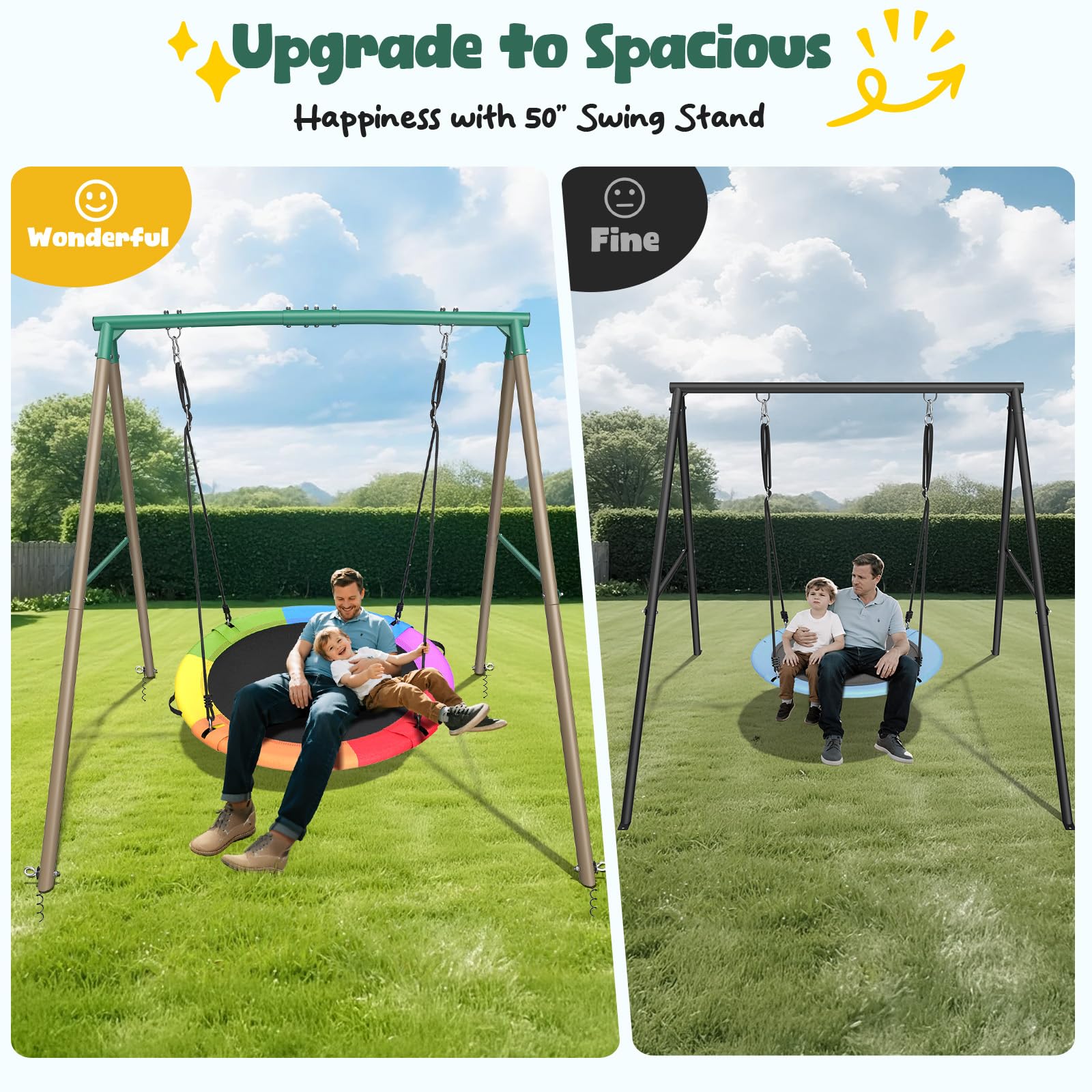 Hapfan 50" Large Saucer Swing with Frame for Kids Outdoor, 6.5 ft Tall 500 lbs Swing Sets for Backyard, Heavy Duty Metal Outdoor Swingset for Adults
