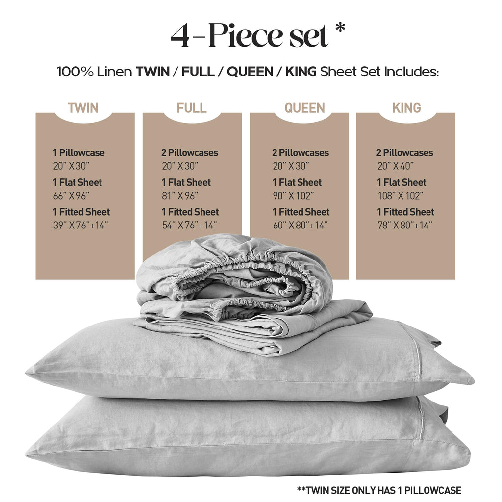 Simple&Opulence 100% Pure Linen Sheet Set Twin Size, Natural French Flax Solid Color 3 Pcs Washed Breathable, Farmhouse Bedding (1 Flat Sheet,1 Fitted Sheet,1 Pillowcase)-Embroidery Dark Grey