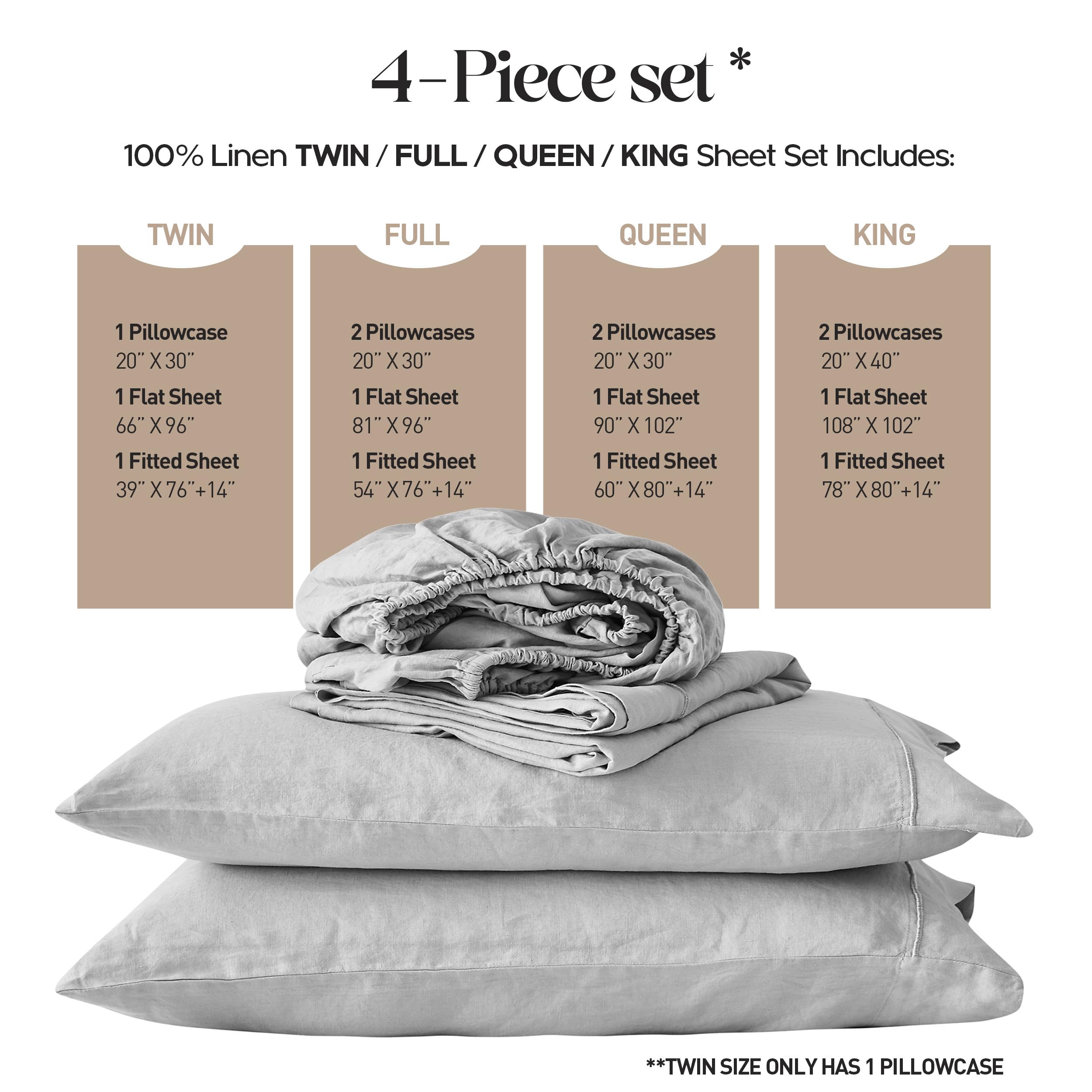 Simple&Opulence 100% Pure Linen Sheet Set Twin Size, Natural French Flax Solid Color 3 Pcs Washed Breathable, Farmhouse Bedding (1 Flat Sheet,1 Fitted Sheet,1 Pillowcase)-Embroidery Dark Grey