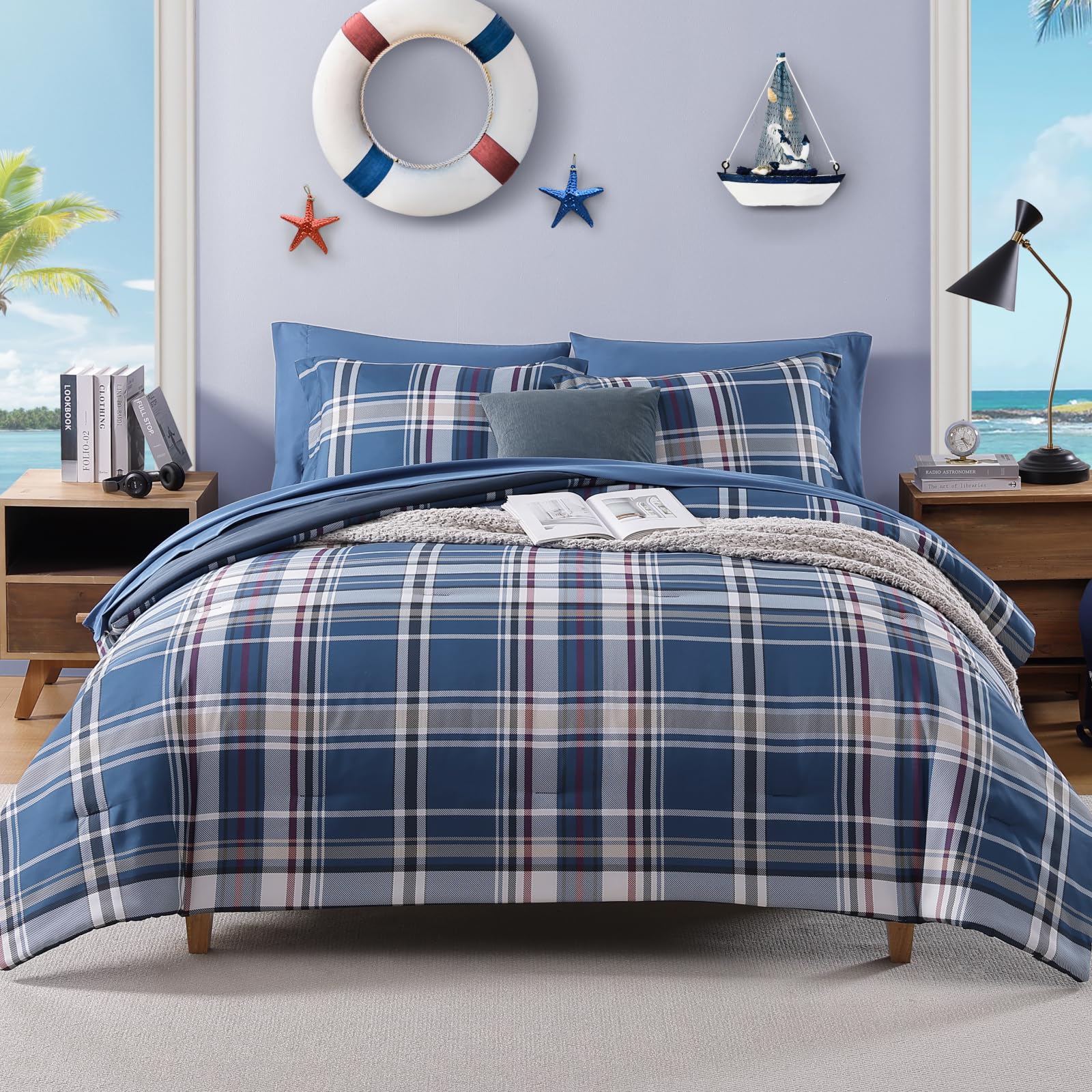 AMBERSPACE Plaid Twin XL Comforter Set Black, Reversible Checkered Bedding Set 5 Pieces for Boys Girls Teen, Lightweight Bed in a Bag for Dorm with Sheets, Pillowcase & Sham