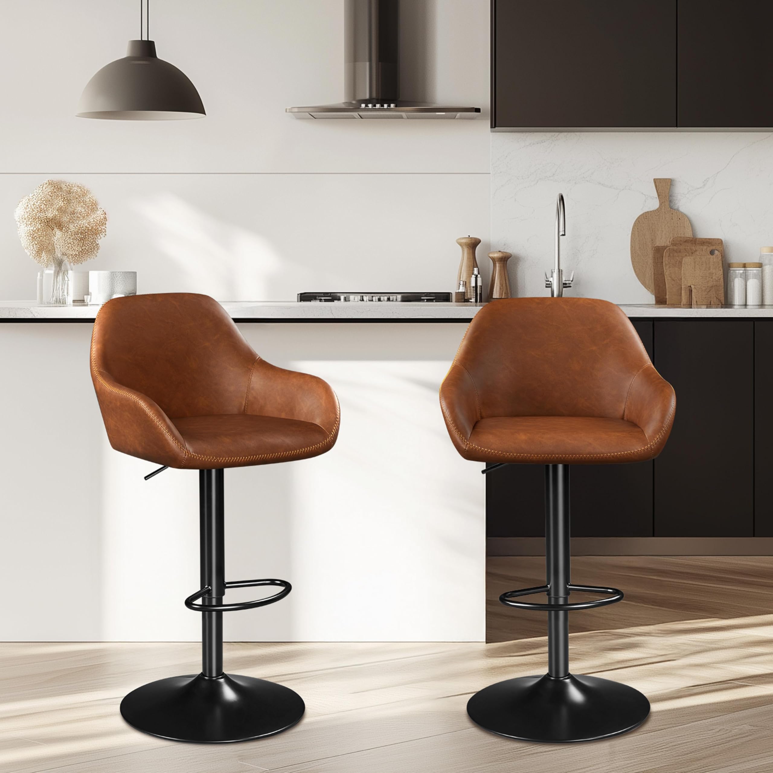 Yaheetech Bar Stools Set of 2, PU Leather Swivel Counter Height Barstools, Adjustable Bar Chairs with Backrest and Footrest, Kitchen Island Stool for Home Kitchen, Black