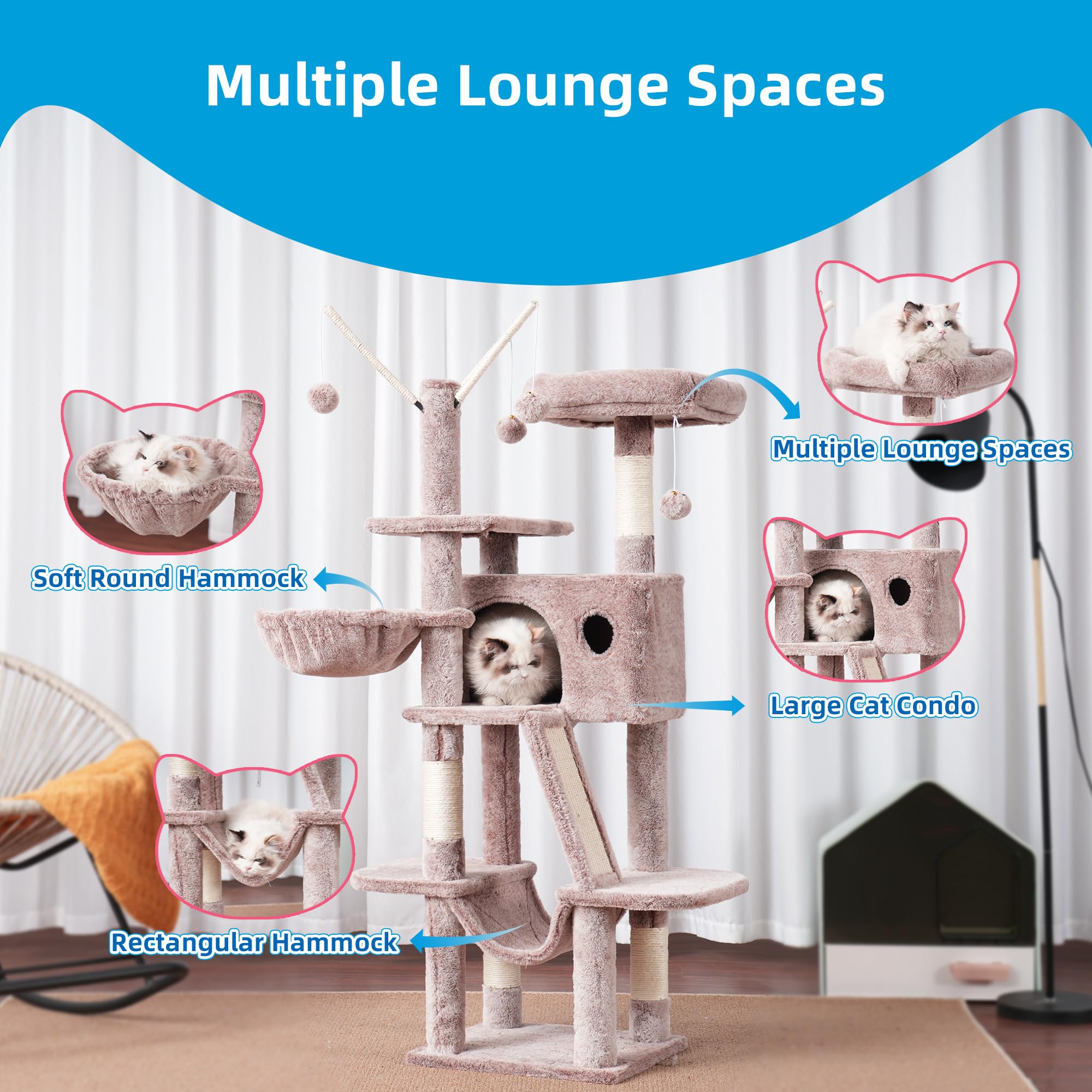 Hey-brother Cat Tree, 53 inch Cat Tower for Indoor Cats, Cat House with Padded Platform Bed, Toy Balls, Large Cozy Condo, Hammocks and Sisal Scratching Posts, Beige MPJ019-SM