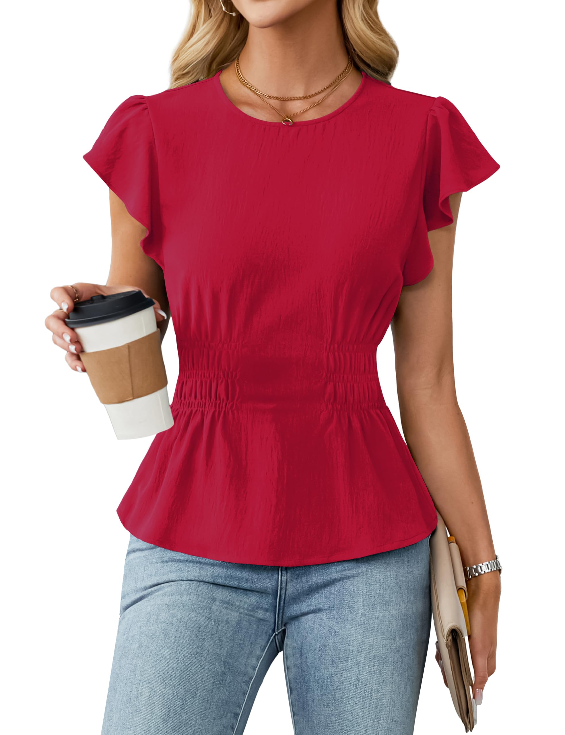 Blooming Jelly Women's Dressy Casual Blouses Business Ruffle Short Sleeve Tops Summer Crew Neck Smocked Shirts