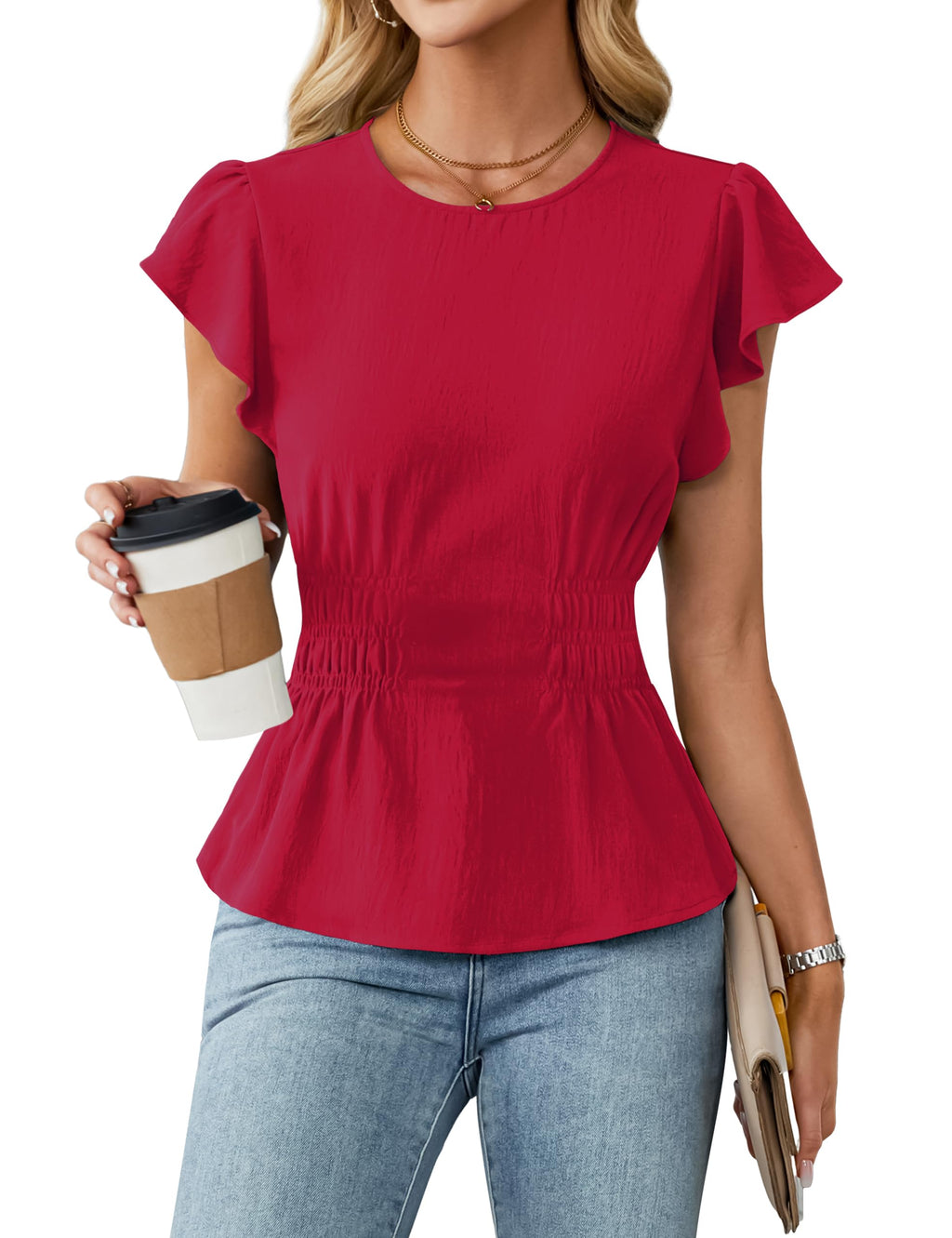 Blooming Jelly Women's Dressy Casual Blouses Business Ruffle Short Sleeve Tops Summer Crew Neck Smocked Shirts