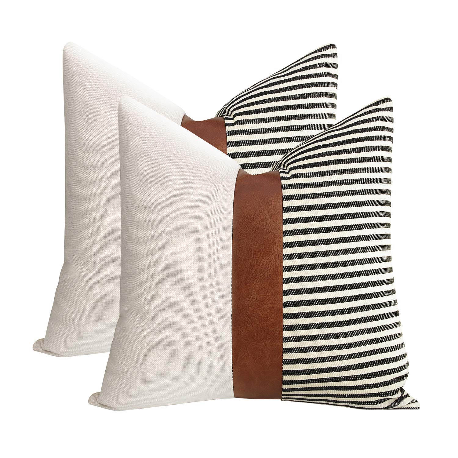 16x16 inch Pillow Covers Set of 2 Farmhouse Decor Stripe Patchwork Linen Throw Pillow Covers Modern Faux Leather Covers for Couch Sofa,Black