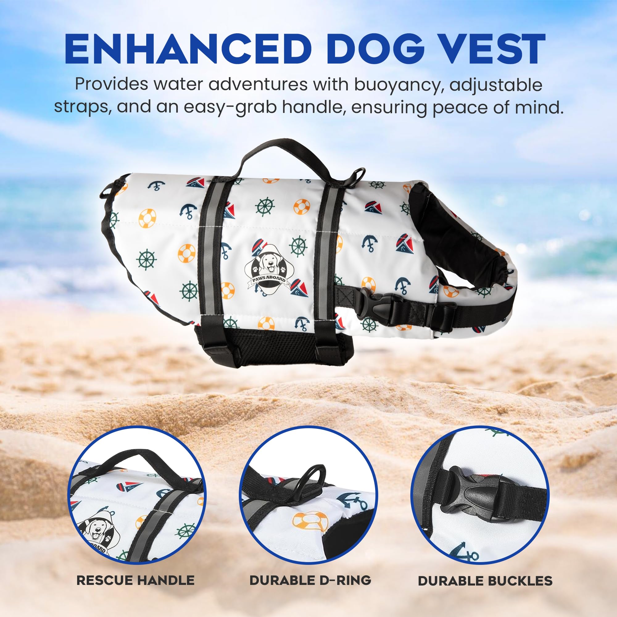 Dog Life Jacket — Premium Swim Vest with SafeChin Anti-Choke Collar | PAWS Aboard Blue & Yellow | RapidLift Rescue Handle, D-Ring, Reflective Trim | Boating, Kayaking, Pool | XX-Small (Under 6 lbs)