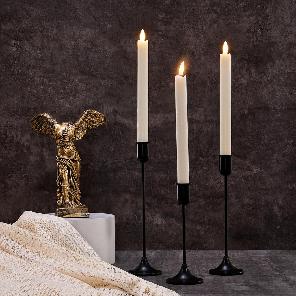 Black Hurricane Glass Candle Holders Set of 3, Tall Metal Taper Candle Stick Holder, Clear Candlestick Holders, Table Centerpieces Decor for Dining Dinner, Weddings, Christmas Fireplace Decorations