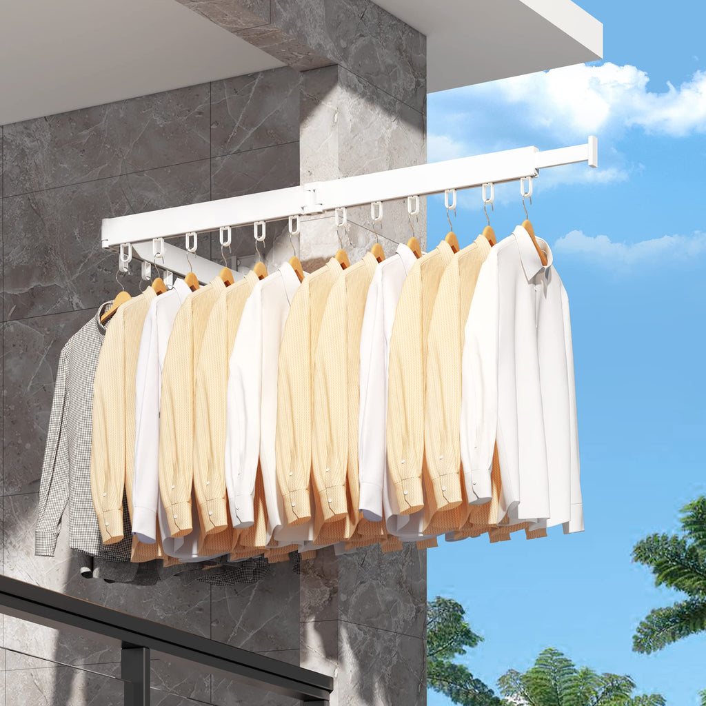 HEILAIYI Clothes Drying Rack for Laundry,Wall Mounted Clothes Hanger Rack,Folding,Retractable,Collapsible(J Shape Hooks)