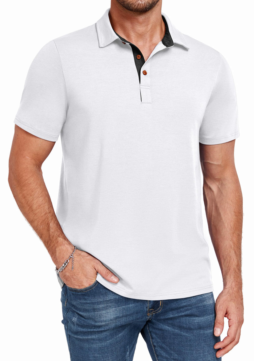 PEGENO Mens Polo Short/Long Sleeve Shirt Classic Button Basic Solid Color Designed Collared Polo Shirt Fashion Casual Shirts
