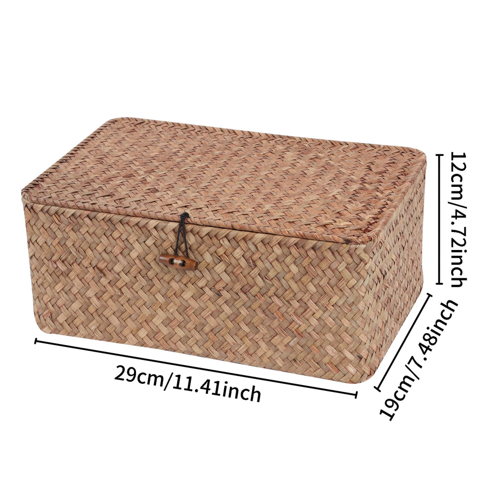 FEIALNDUO Wicker Shelf Baskets with Lid,Seagrass Storage Basket Bins Rectangular Handwoven Basket Boxes for Shelves Desktop Home Organizer (Coffee, X-Small)