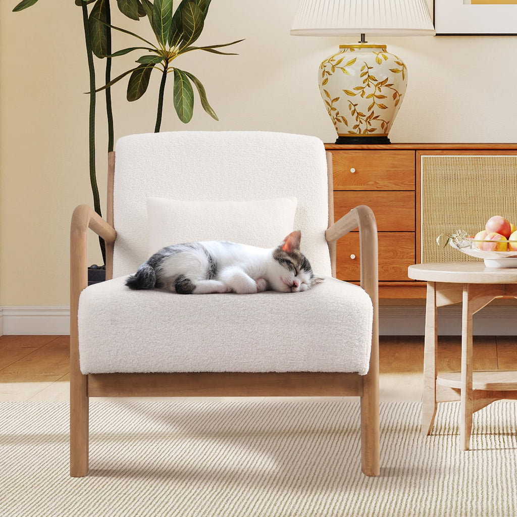 ANJ Mid Century Modern Accent Chair, Comfy Fabric Living Room Chairs with Solid Wood Frame, Lounge Reading Armchair, Easy Assembly, Beige