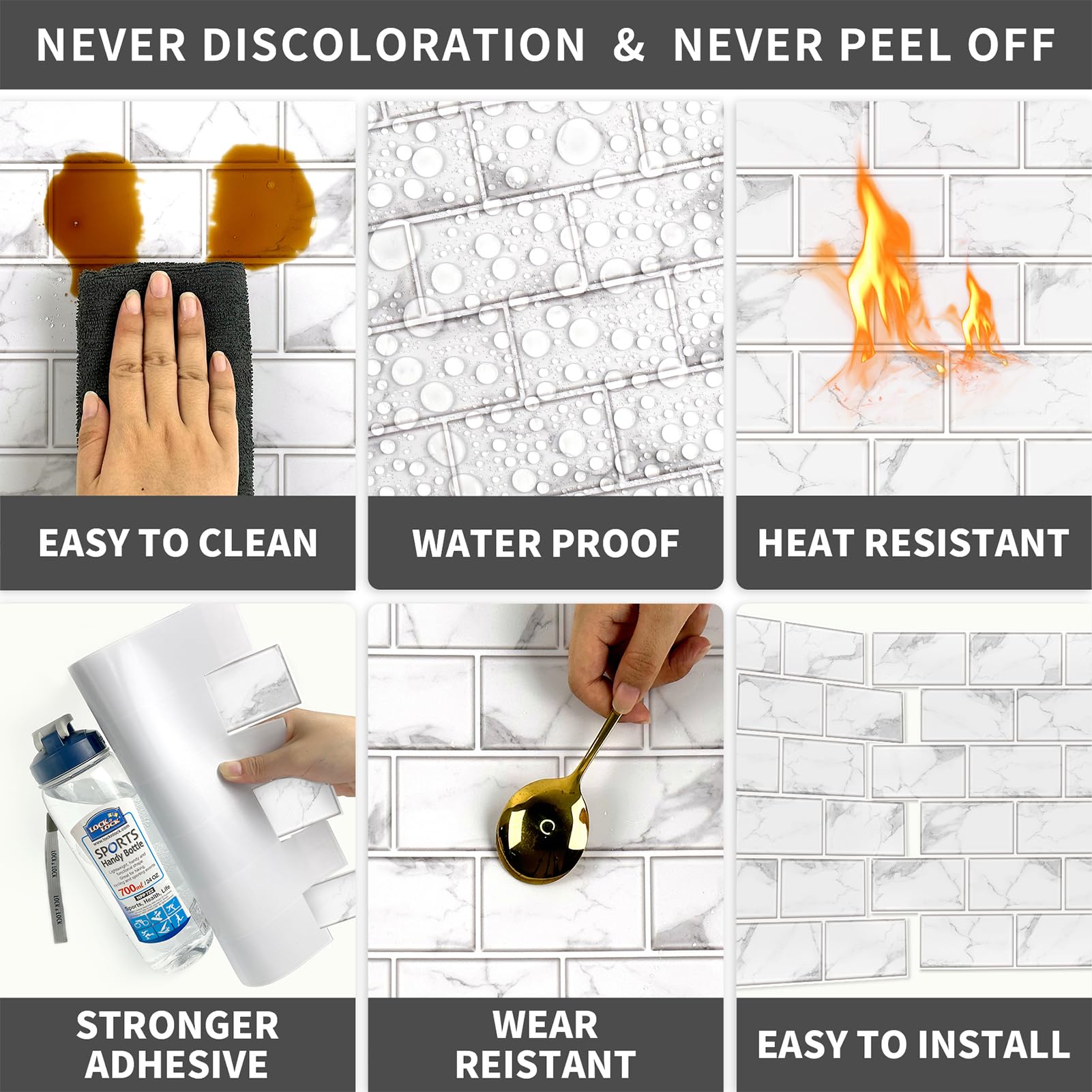 URCOLOR 10-Sheet Back Splashes for Kitchens Peel and Stick,12"x12" Self Adhesive Subway Wall Tiles Stick on backsplash Tiles for Bathroom Black Marble