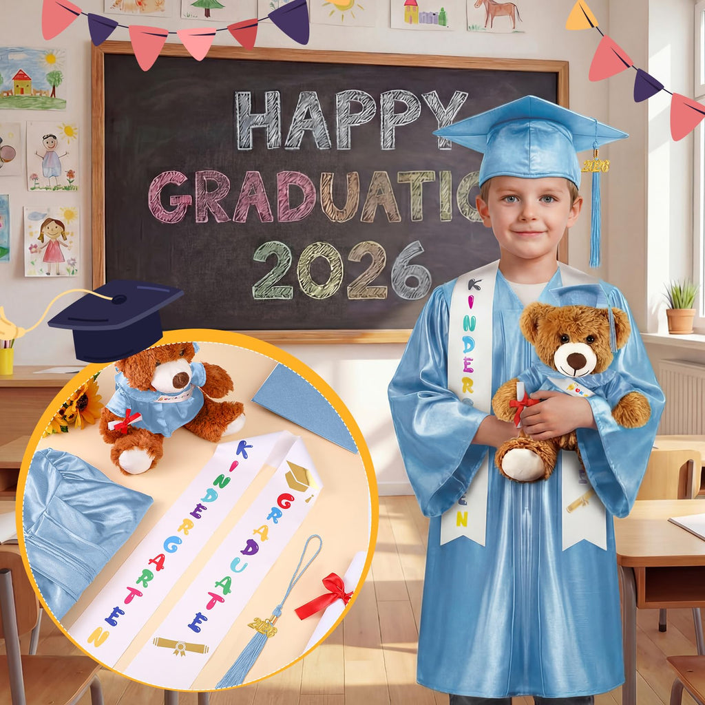 Sintuff 7 Pcs Kindergarten Preschool Graduation Cap and Gown with Bear Gifts 2026 Grad Stole Tassel Sash for Toddler Kids