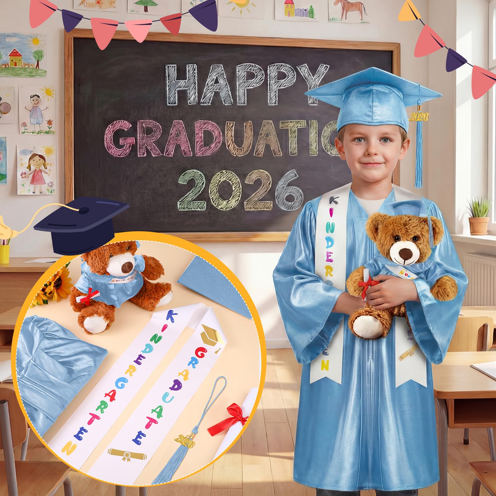 Sintuff 7 Pcs Kindergarten Preschool Graduation Cap and Gown with Bear Gifts 2026 Grad Stole Tassel Sash for Toddler Kids