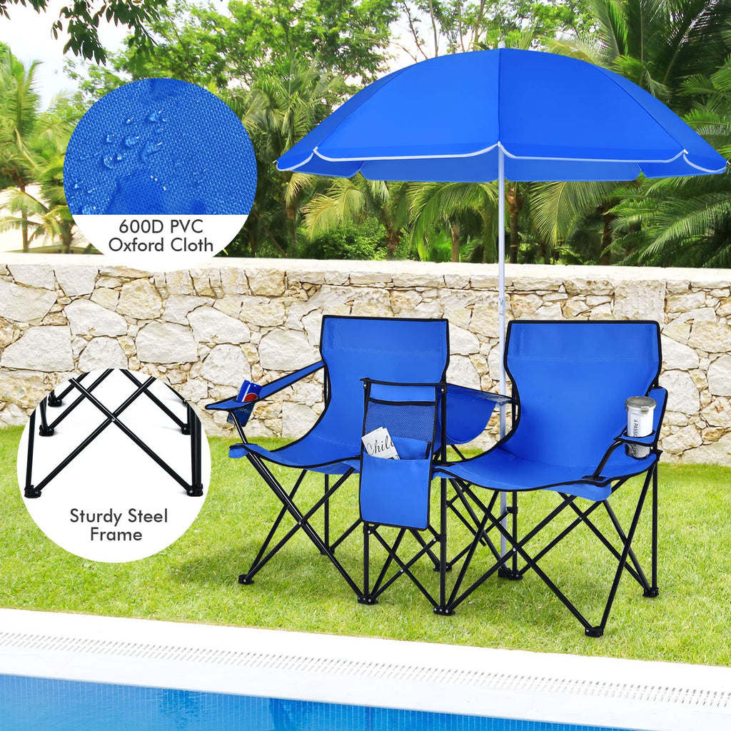 COSTWAY Double Portable Picnic Chairs, Folding Camping Chairs w/Detachable Umbrella, Cooler Bag, Cup Holders, Patio Beach Camping Chairs for Outdoors