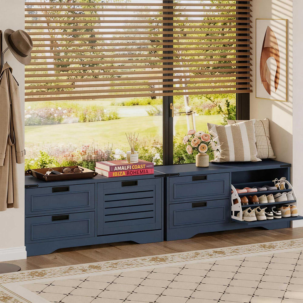 FATORRI Entryway Bench with Storage, 41 Inch Shoe Storage Bench, Industrial Wood Shoe Bench for Entry Way, Living Room, Bedroom and Mudroom (Black)