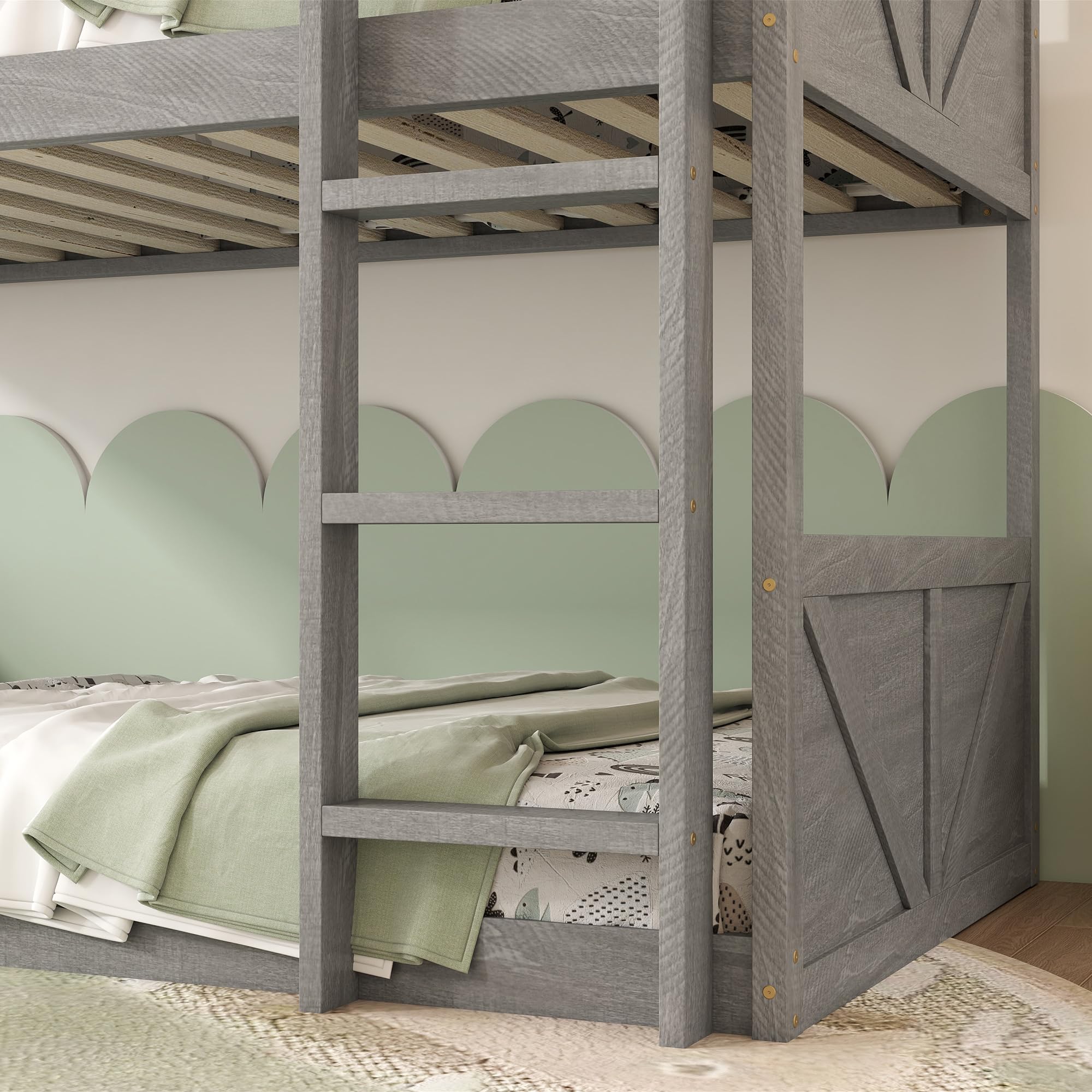 Bunk Bed Twin Over Twin, Wood Low Profile Floor Twin Bunk Beds with Headboard Ladder Guardrails for Kids Boys and Girls, No Box Spring Needed