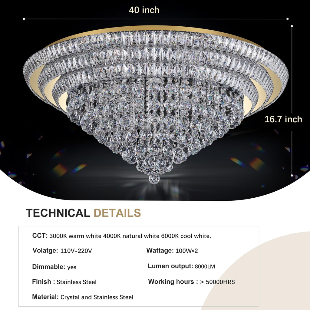 COCOSTAR 20" Gold Crystal Chandeliers, Flush Mount Chandelier LED Ceiling Light, Modern Crystal Raindrop Chandeliers for Dining Room, Living Room, Bedroom