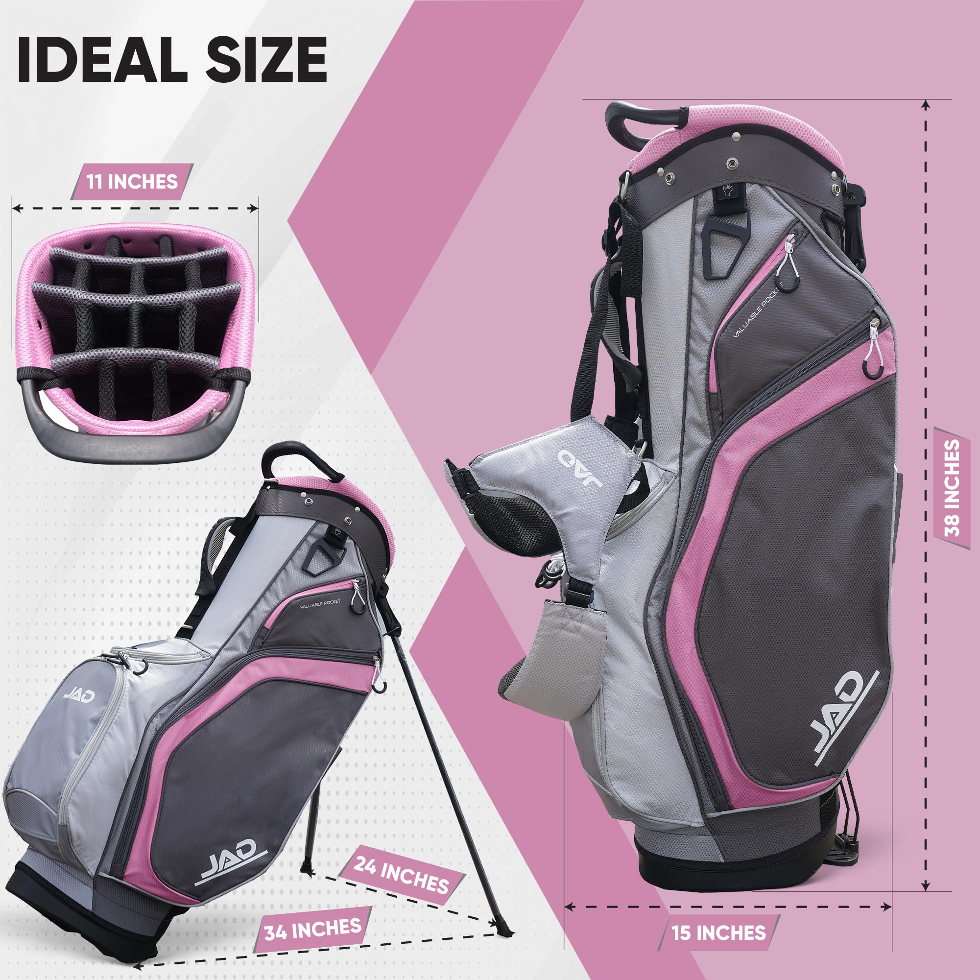 JAD Lightweight Womens Golf Bag, Golf Stand Bag for Women/Ladies, 14-Way Top Dividers, Ultra Lightweight, Large Pockets for Accessories, Durable Water Resistant