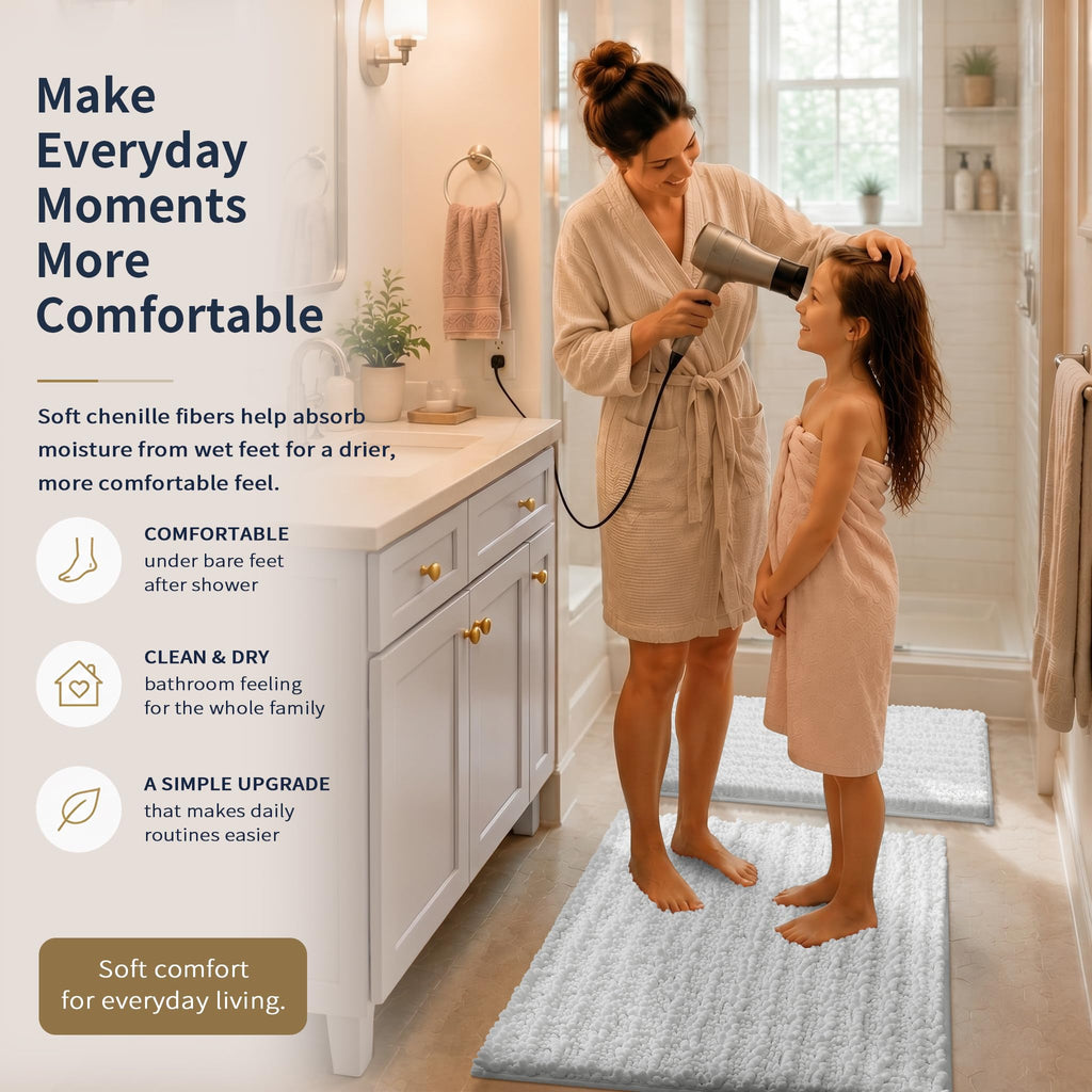 Yimobra Black Bathroom Rug Set 3 Piece - Super Absorbent Quick Dry Chenille Bath Mats & Toilet Rug, Non Slip Machine Washable, Extra Thick Shaggy Floor Mat for Shower Tub Sink