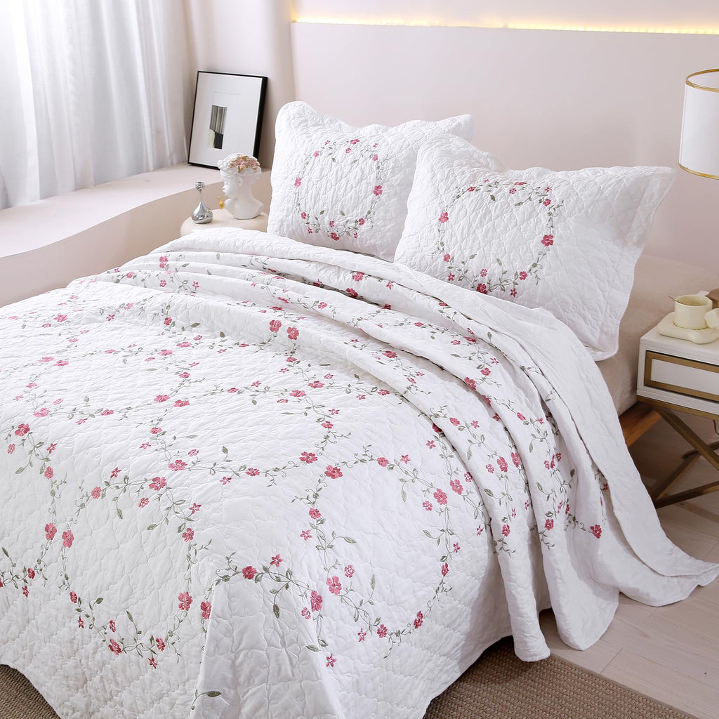 vctops 3-Piece Floral Embroidered Bedspread Coverlet Set Twin Size 100% Cotton Reversible Patchwork 1 Quilt and 2 Pillow Shams (Flower,Twin)