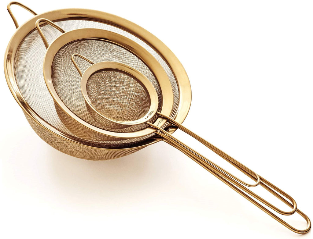 Strainer Set Fine Mesh – Premium 304 Stainless Steel (18/8) – 8″, 5.5″ and 3.3″ Sturdy Kitchen Strainers (Copper)