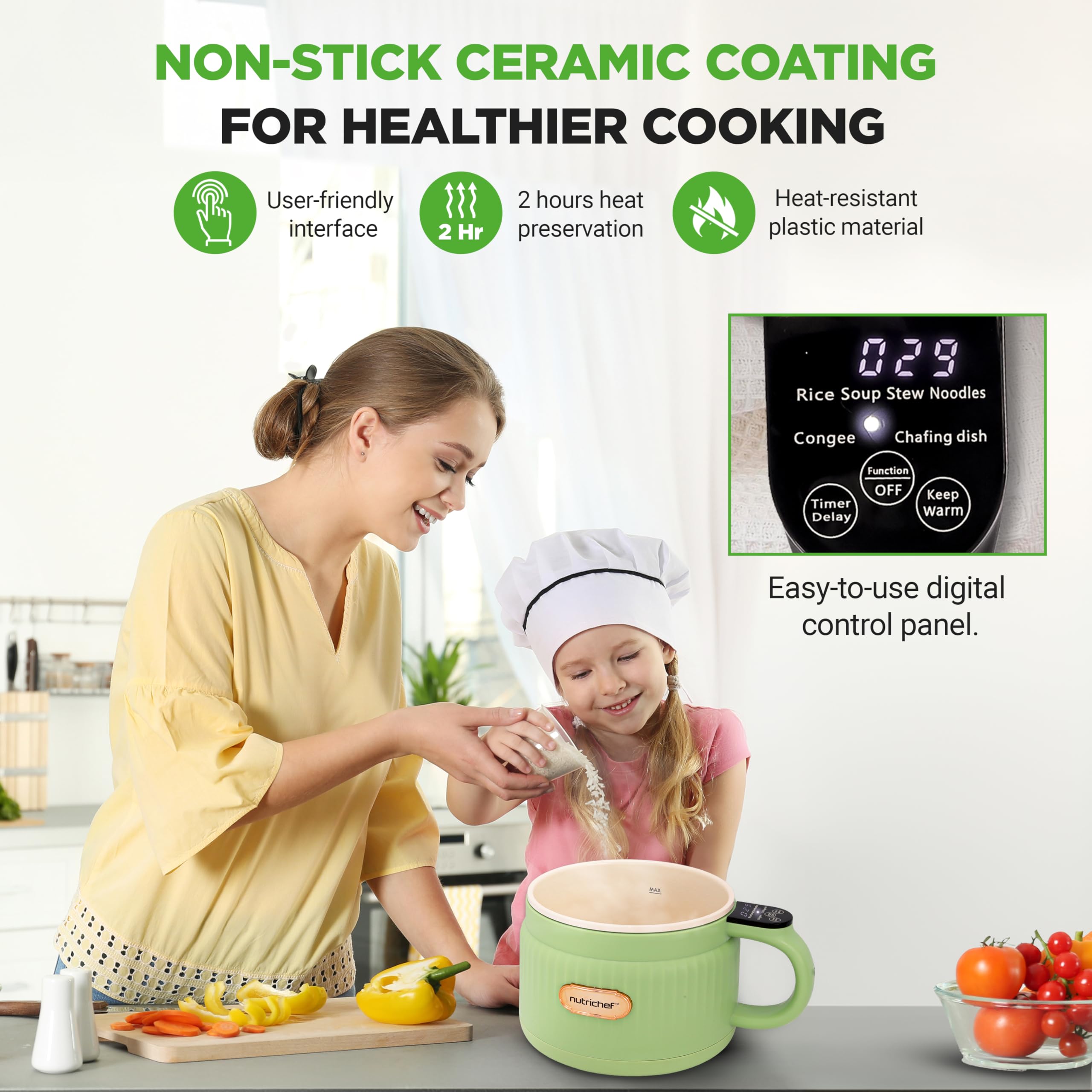 NutriChef 1.6 QT Portable Electric Rice Cooker & Lunch Maker | Multi-Functional & Non-Stick Ceramic Coating | Digital Control Panel | 6 Cook Functions: Rice, Soup, Stew, Porridge & More | Black