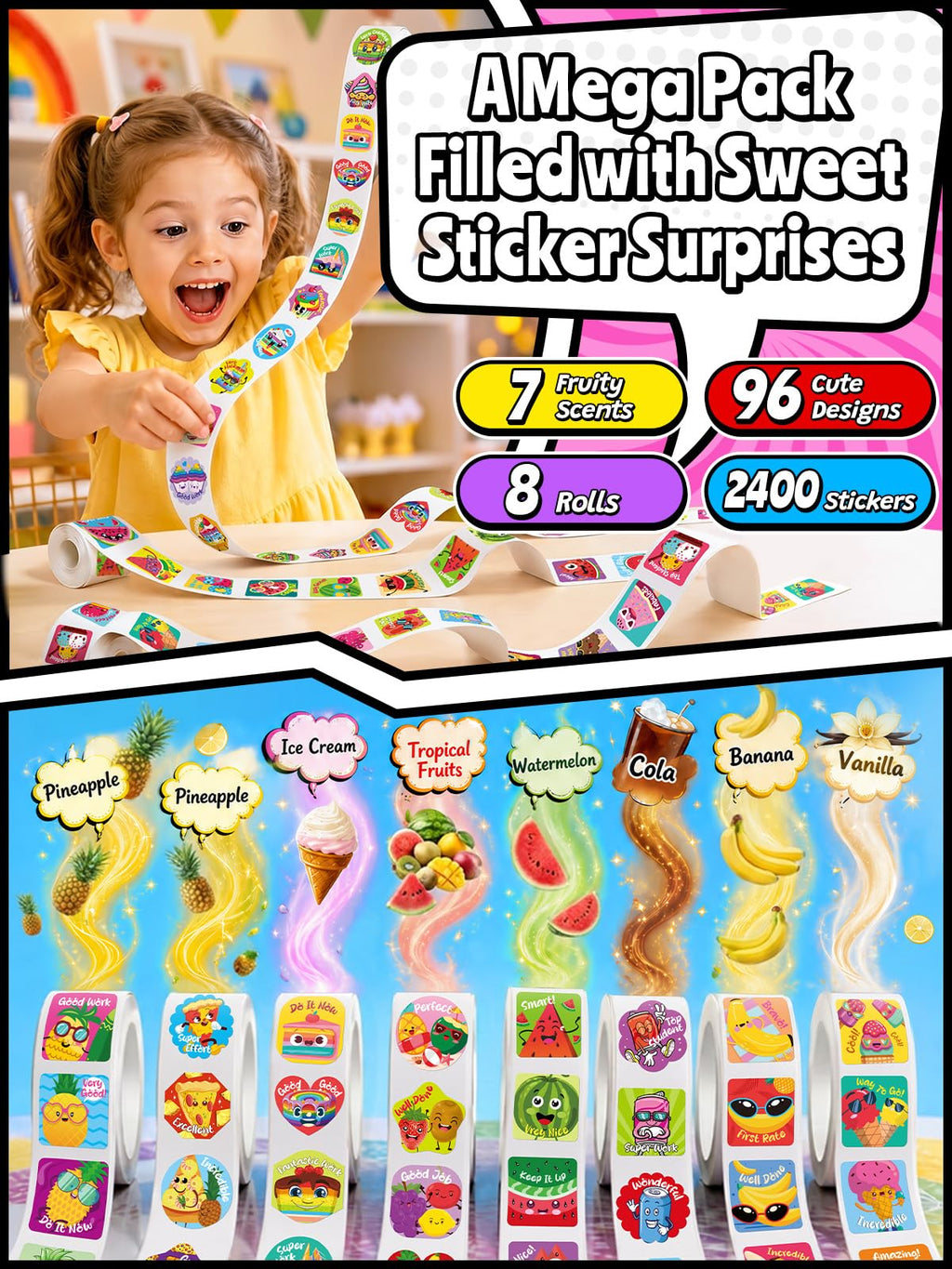 HORIECHALY 3 Rolls Scratch and Sniff Stickers for Kids, 600PCS Smelly Scented Stickers, Kid's Reward Sticker, Classroom Teacher Must Haves, School Supplies Incentives Christmas Children‘s Gift-1.57''