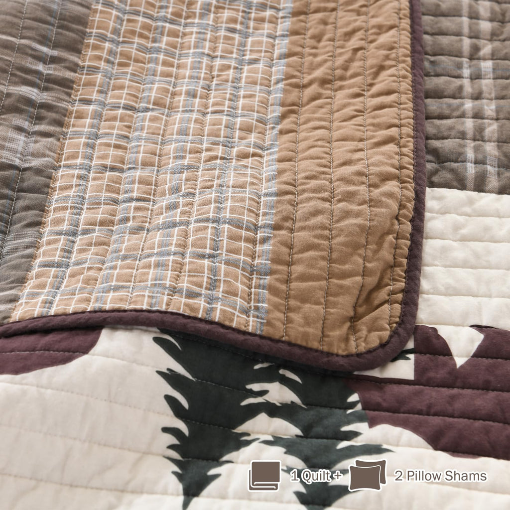 Y-PLWOMEN 100% Cotton Farmhouse Plaid Lightweight 3-Pieces Quilt Set (Blue Brown, Queen90 * 98 Inch)
