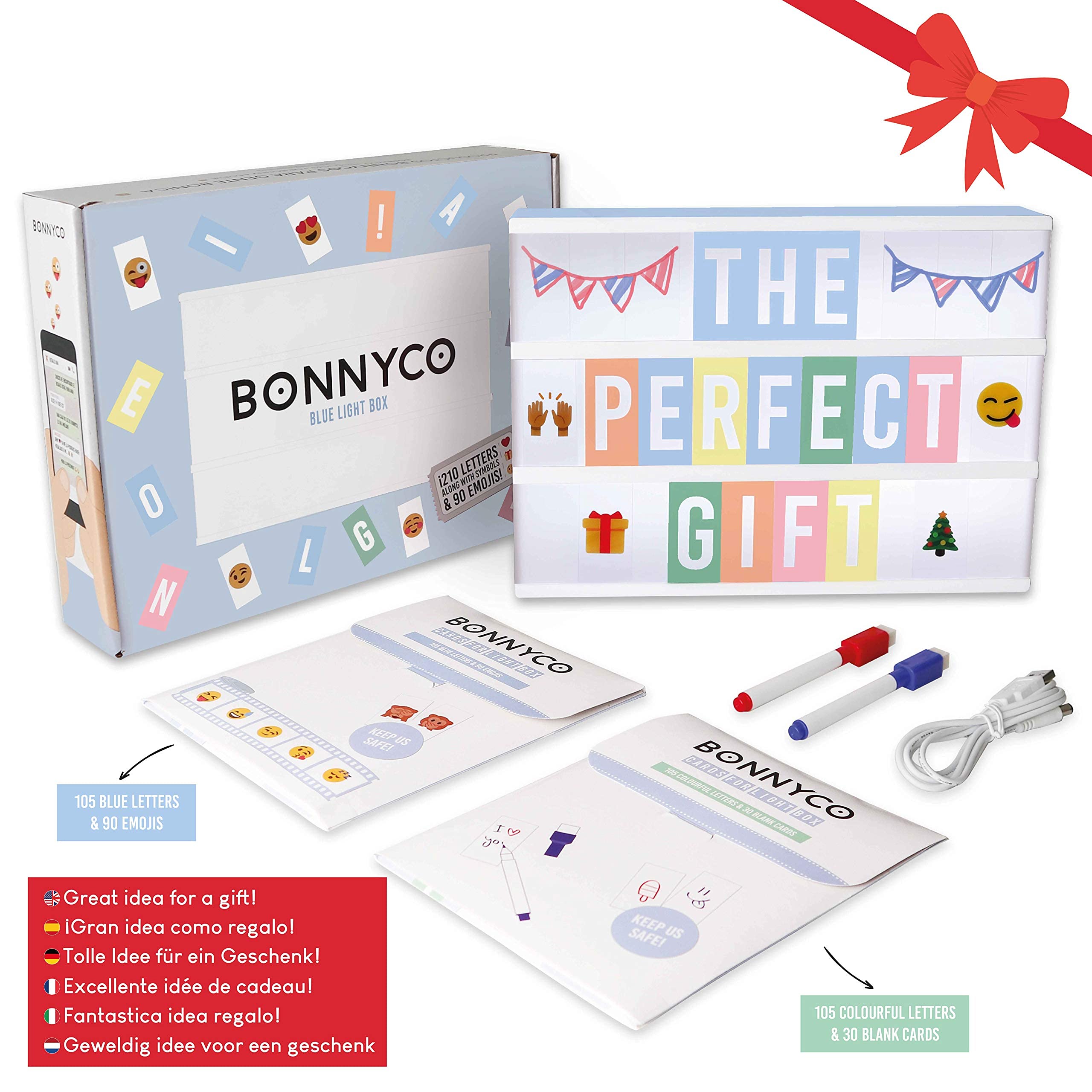 BONNYCO Blue Cinema Light Box with 400 Letters, Emojis and 2 Markers. Led Light Box Boy Bedroom Decor, Baby Shower. Cinema Led Sign Letters Board Gifts for Boys, Children for Birthdays Christmas