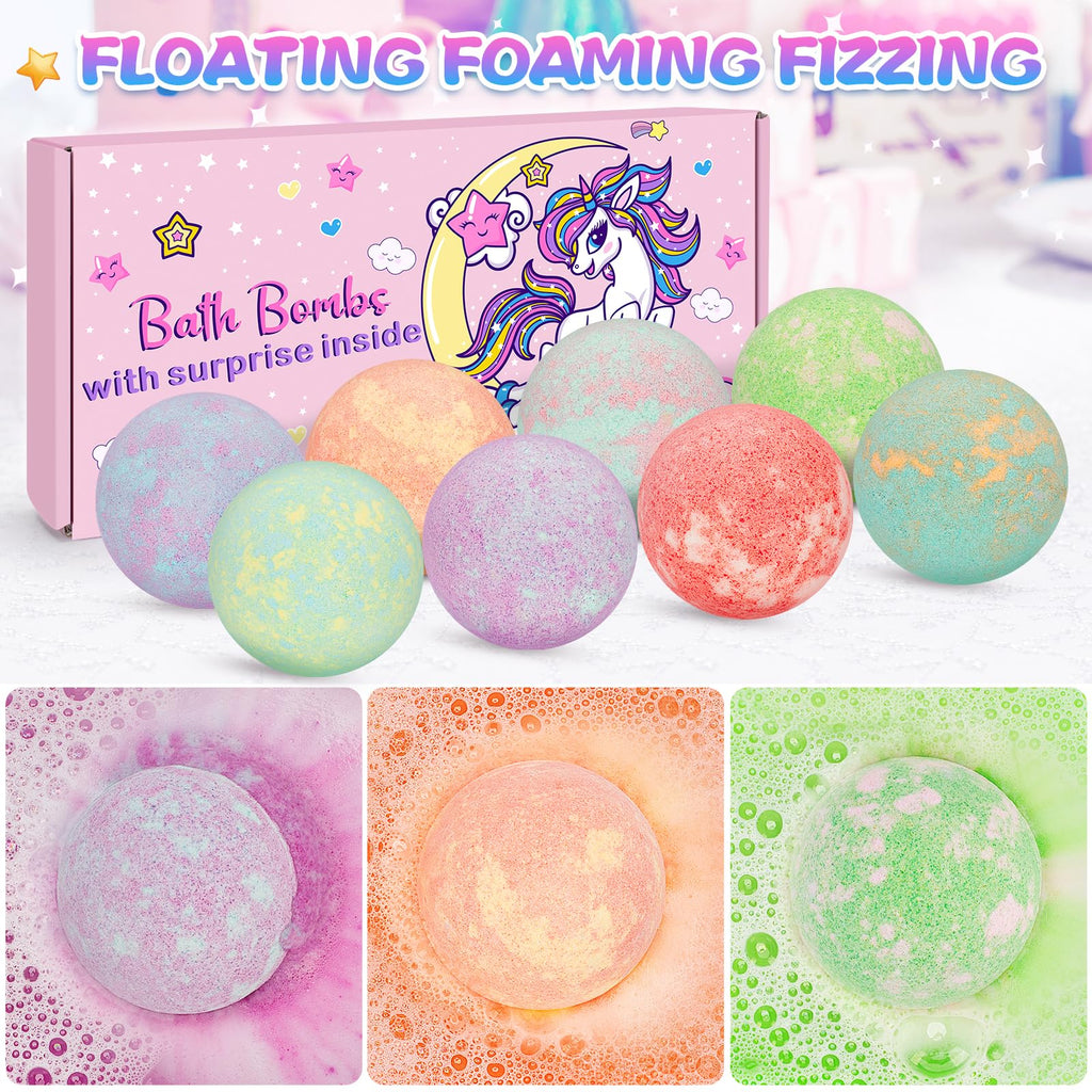 Unicorn Bath Bombs for Kids Girls with Surprise Inside, 8 Pcs Natural Fizzy Princess Bubble Bath Bomb Kit with Toys, Birthday Gift for 3 4 5 6 Year Old Girl