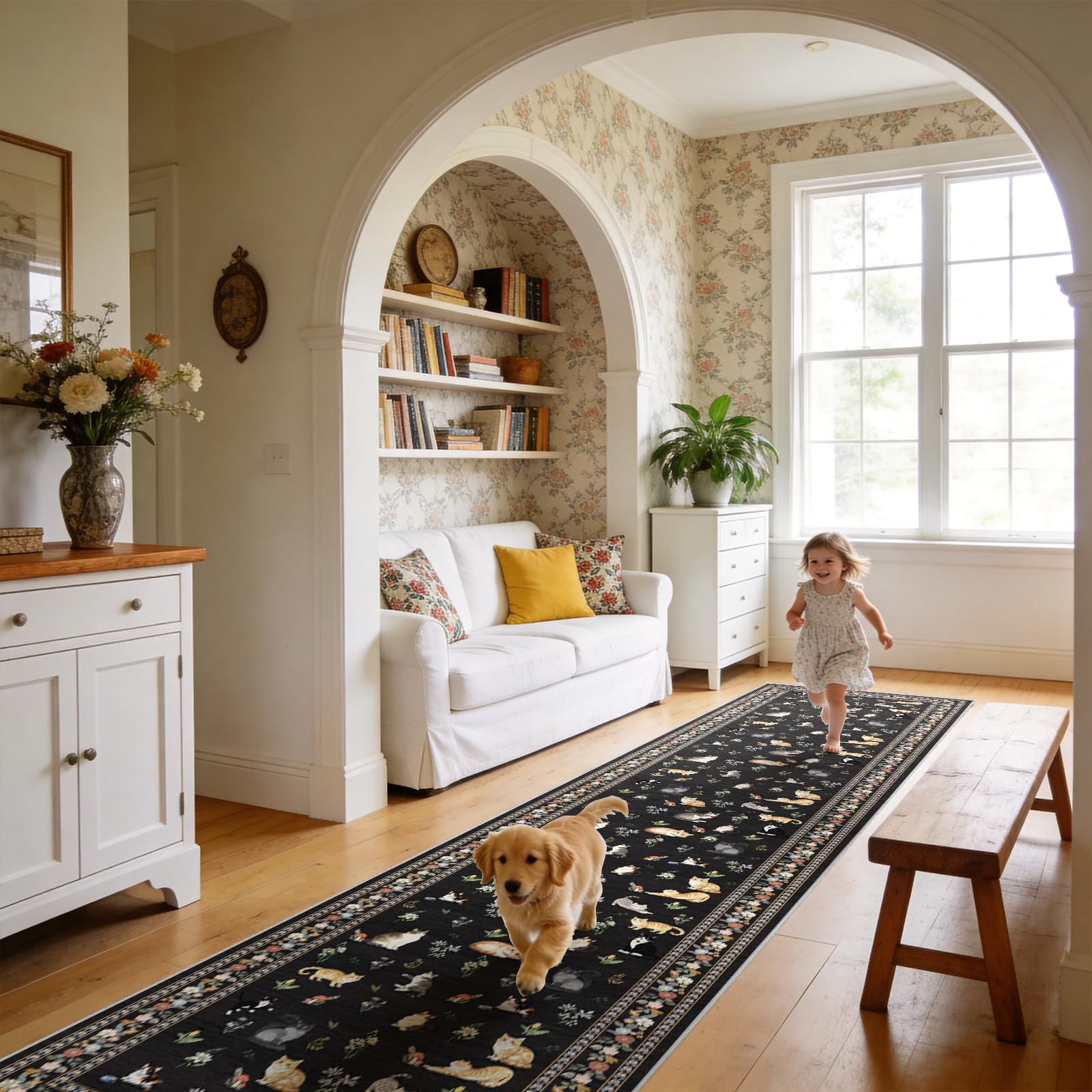 2x5 Washable Kitchen Runner Rug - Soft Low Pile Floral Animal Cat Print Rugs with Non-Slip Backing Waterproof Stain-Resistant Indoor Carpet for Hallway Entryway Bathroom Bedroom (Black)