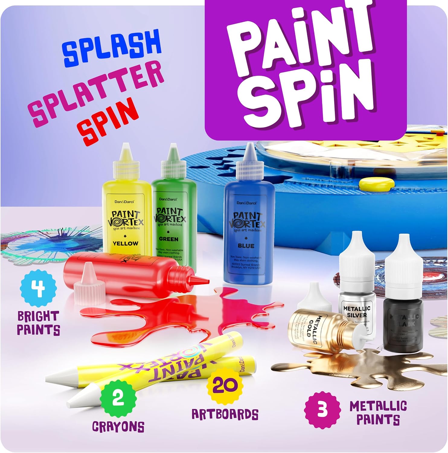 Dan&Darci Paint Vortex Spin Art Machine - Kids Art Kit for Boys & Girls Ages 6+, Motorized Spinner with Splash Guard, Metallic Paints & 20 Artboards - Birthday Gifts for Girls - Craft Kit