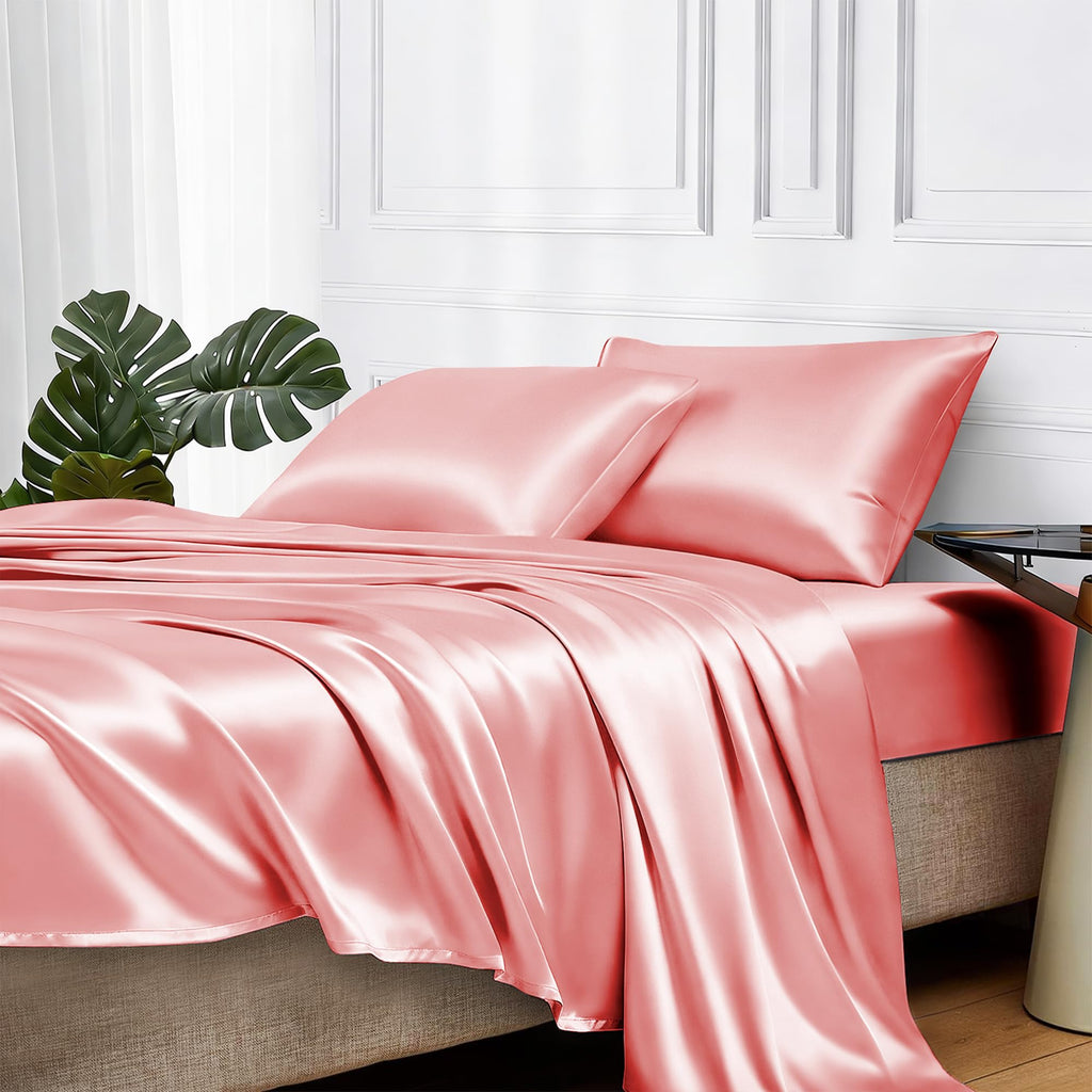 MR&HM Satin Sheets with Elastic Corner Straps, Twin Size 3-Piece Silky Bedding Set, Deep Pocket 15 Inches, Good for Hair & Skin (Twin, Black)