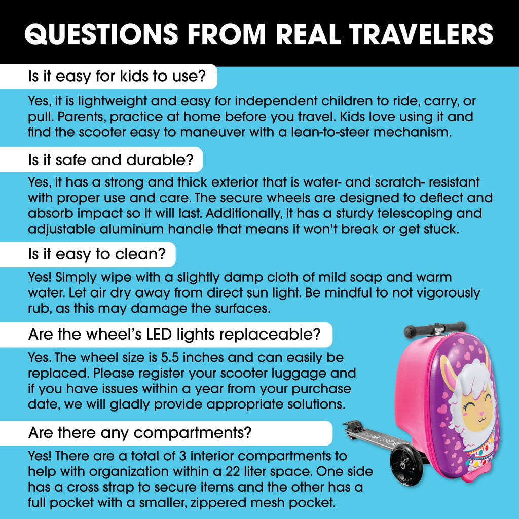 KIDDIETOTES Ride-On Scooter Suitcase for Kids – Hardside Lightweight Carry-On Luggage with Foldable Scooter, LED Wheels, Travel Fun for Toddlers & Children