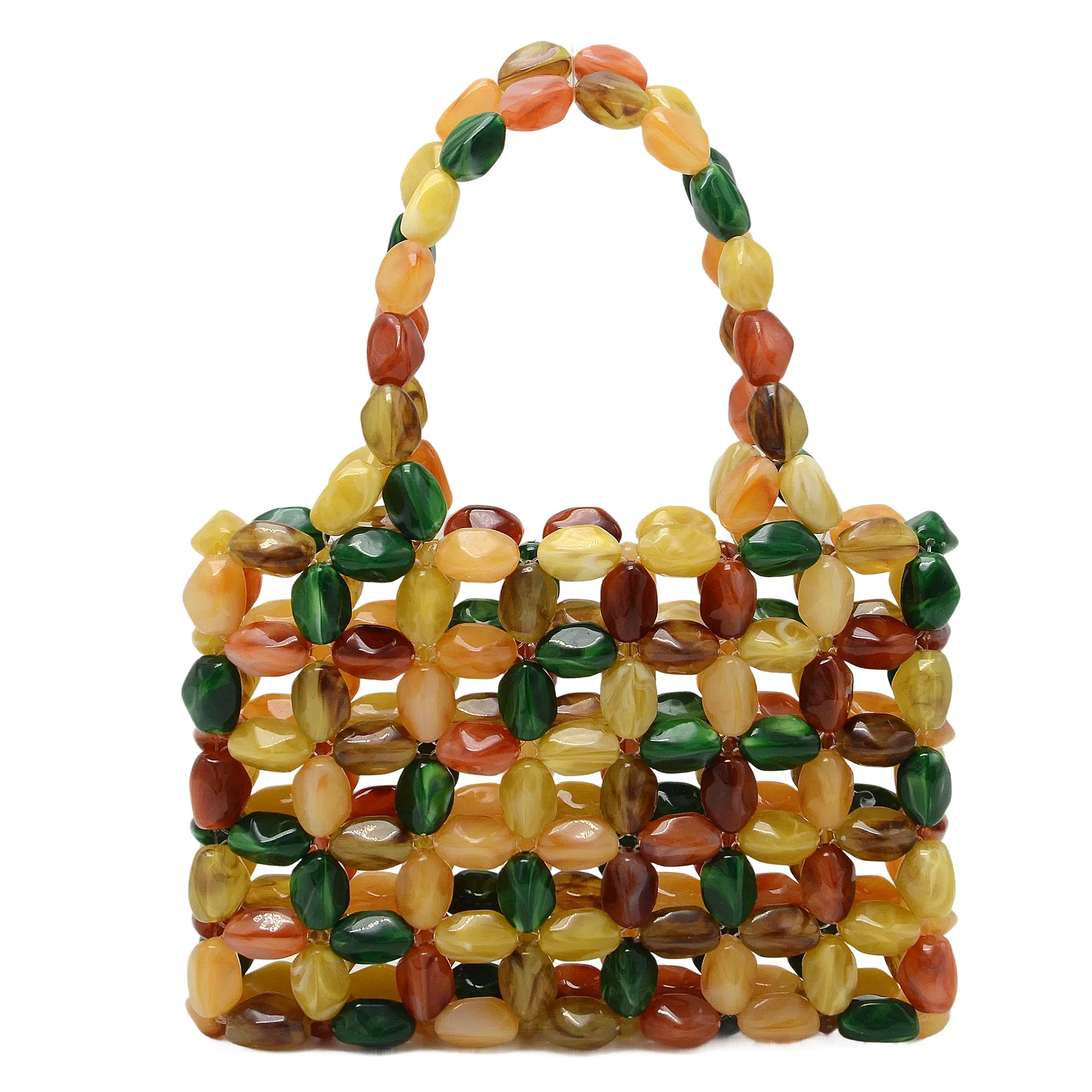 Miuco Women Multicolor Stone look Acrylic Beaded Handbag Handmade Woven Tote Bag Vintage Boho Beach Clutch for Wedding Party