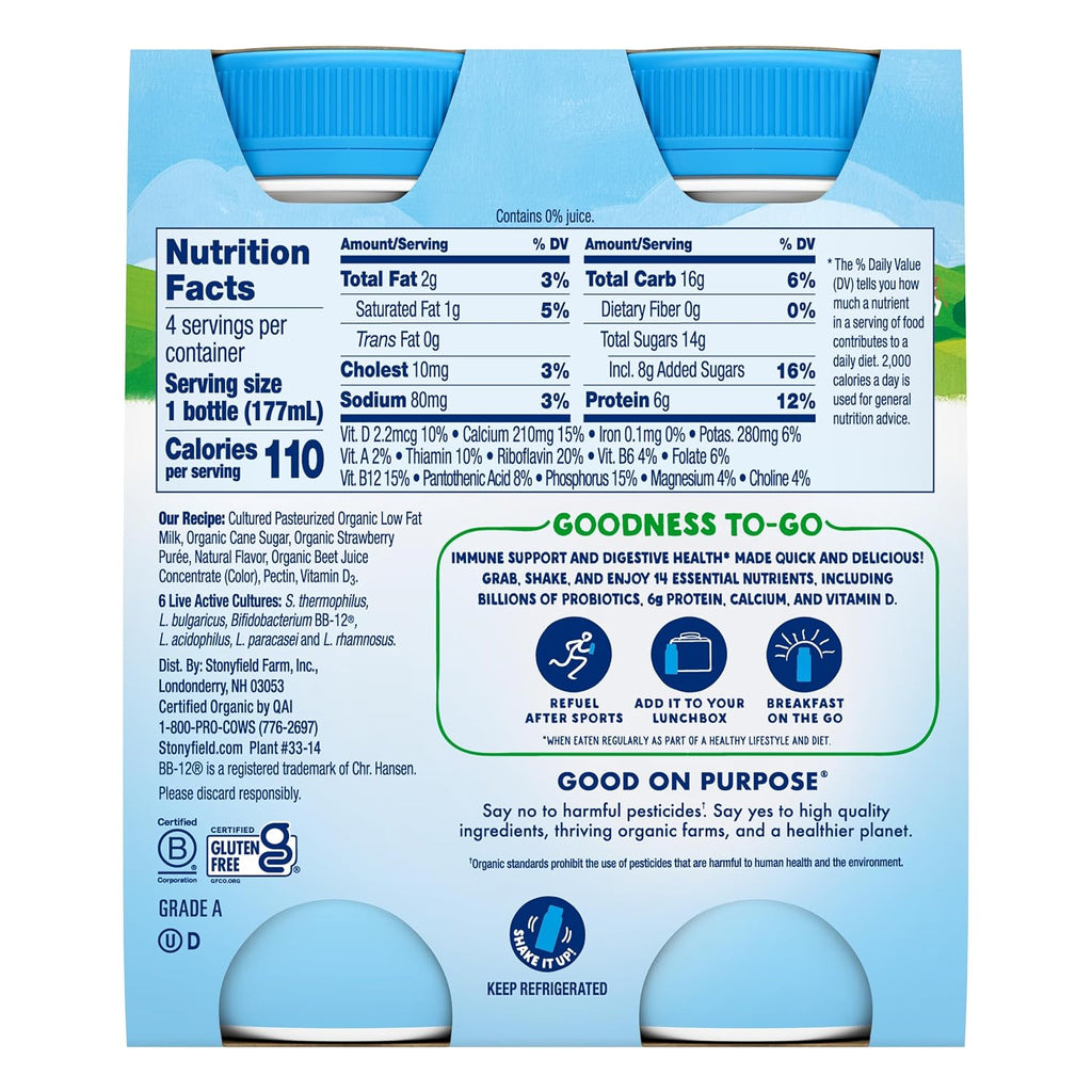 Stonyfield Organic, Low Fat Strawberry Smoothie, 6 oz, 4 Count