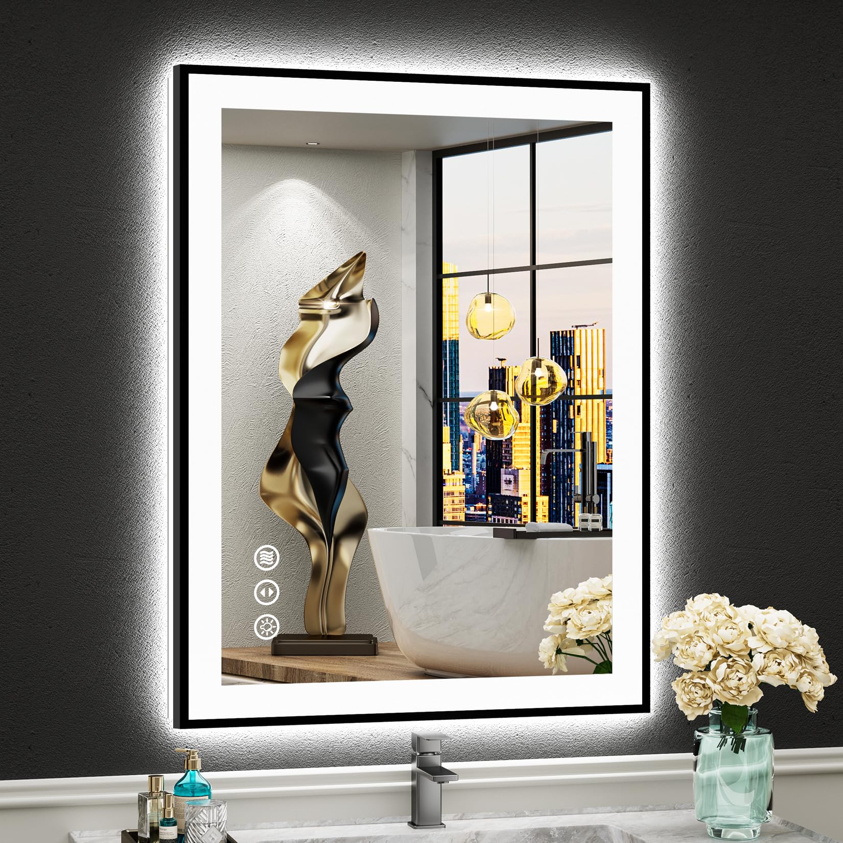24x32 Black Framed LED Bathroom Mirror with Lights, Backlit and Front Lit Anti-Fog Lighted Vanity Mirrors for Bathroom Wall, Dimmable, 3 Colors, Memory, HD Tempered Glass, Horizontal/Vertical