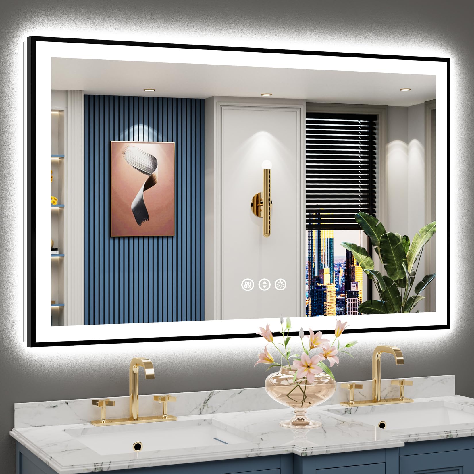 24x32 Black Framed LED Bathroom Mirror with Lights, Backlit and Front Lit Anti-Fog Lighted Vanity Mirrors for Bathroom Wall, Dimmable, 3 Colors, Memory, HD Tempered Glass, Horizontal/Vertical