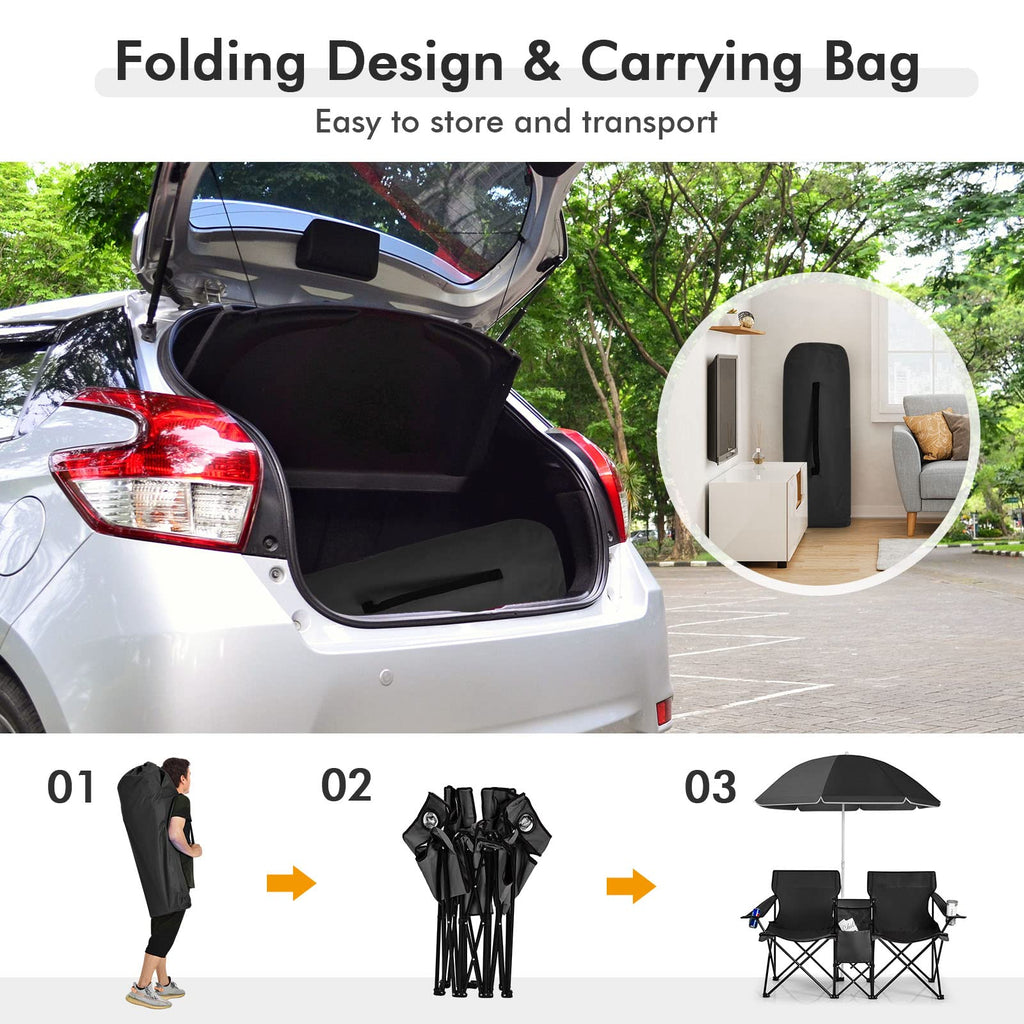 COSTWAY Double Portable Picnic Chairs, Folding Camping Chairs w/Detachable Umbrella, Cooler Bag, Cup Holders, Patio Beach Camping Chairs for Outdoors