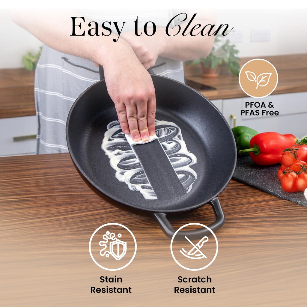 Shallow Cast Iron Casserole with Lid – Non Stick Dutch Oven Pot, Oven Safe up to 500° F – Sturdy Ovenproof Stockpot Cookware – Enamelled Cooking Pot – Black, 5-Quart, 32cm – by Nuovva