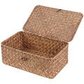 FEIALNDUO Wicker Shelf Baskets with Lid,Seagrass Storage Basket Bins Rectangular Handwoven Basket Boxes for Shelves Desktop Home Organizer (Coffee, X-Small)
