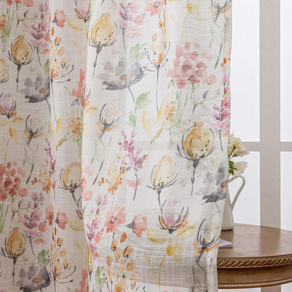 SUOUO Blue Leaf Semi Sheer White Curtains for Bedroom Dining Living Room Linen Textured 84 inches Long Rod Pocket Boho Window Drapes 2 Panels