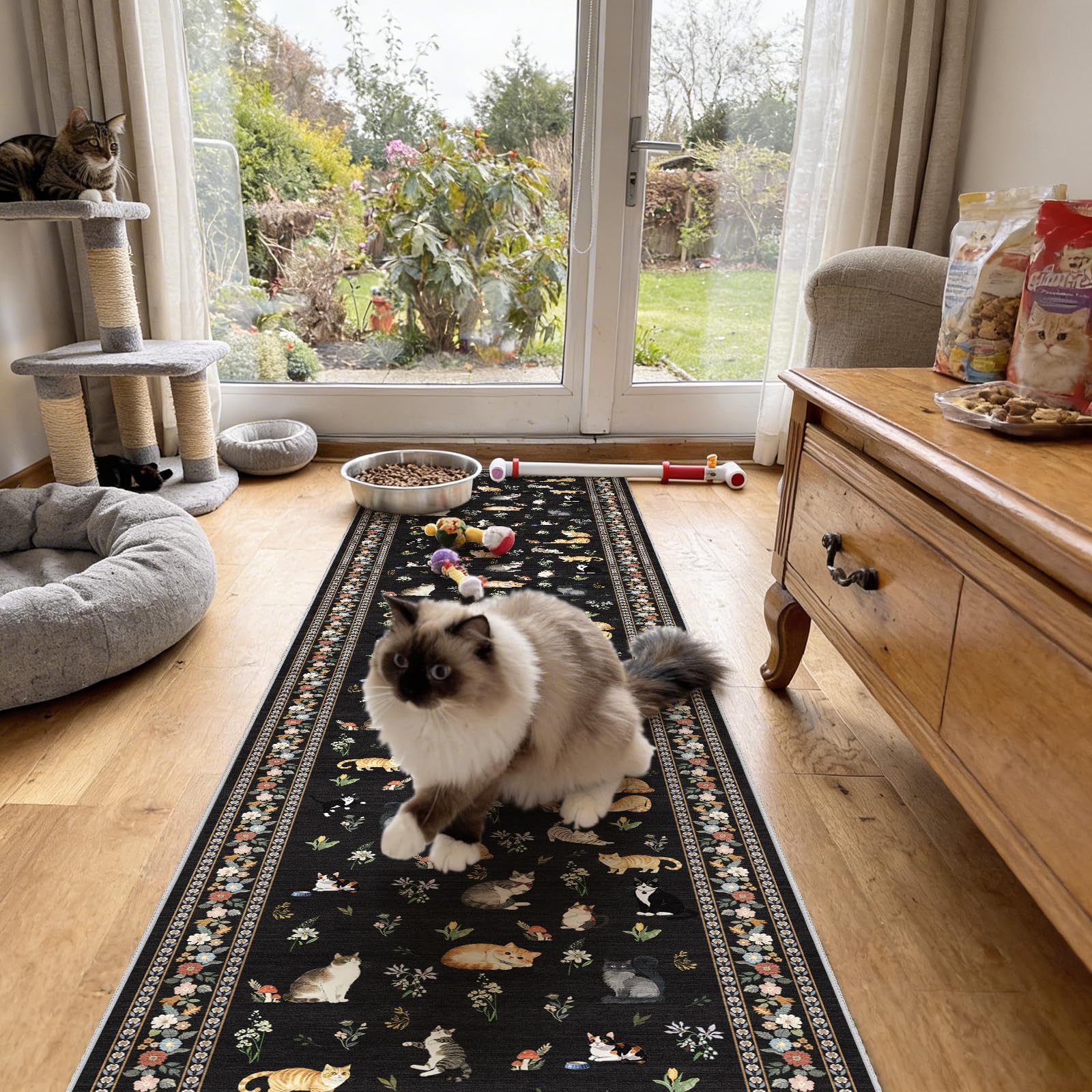 2x5 Washable Kitchen Runner Rug - Soft Low Pile Floral Animal Cat Print Rugs with Non-Slip Backing Waterproof Stain-Resistant Indoor Carpet for Hallway Entryway Bathroom Bedroom (Black)