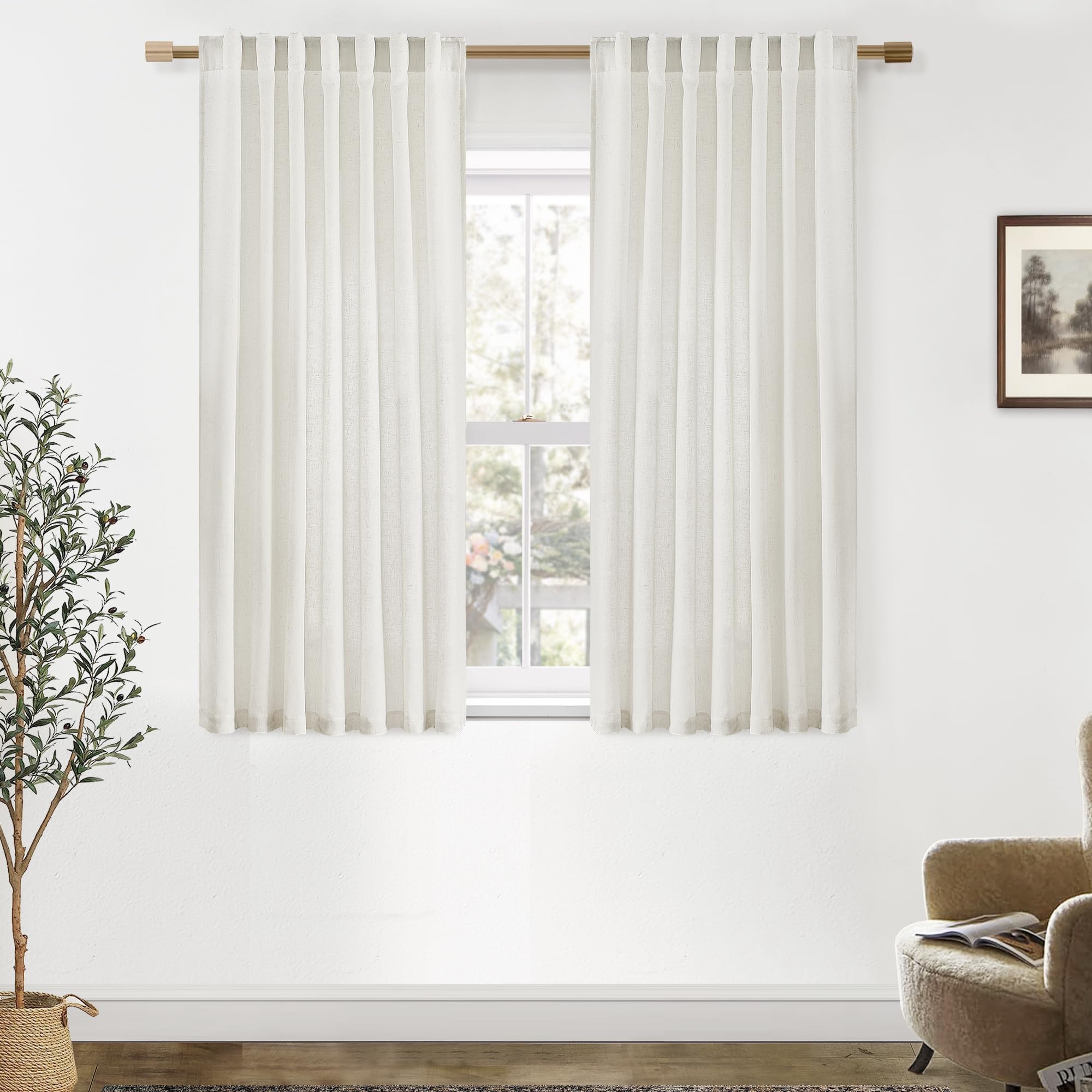 Black Linen Cotton Blend Sheer Curtains, Moody Light Filtering Drapes for Dark Academia Inspired Study Bedroom Living Room, 84 Inch Long 2 Panels Set